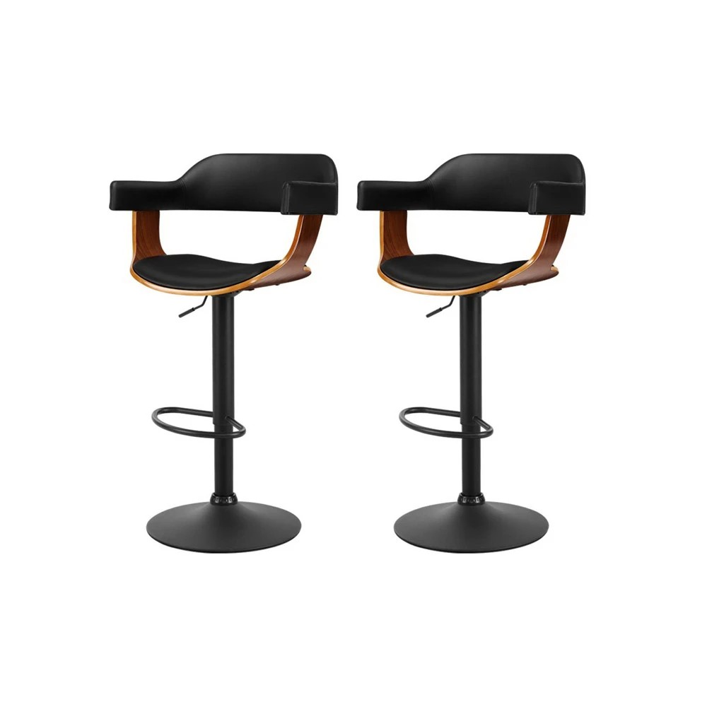 1 Artiss 2x Bar Stools Gas Lift Leather w/Armrest All - Black, 1 of 5