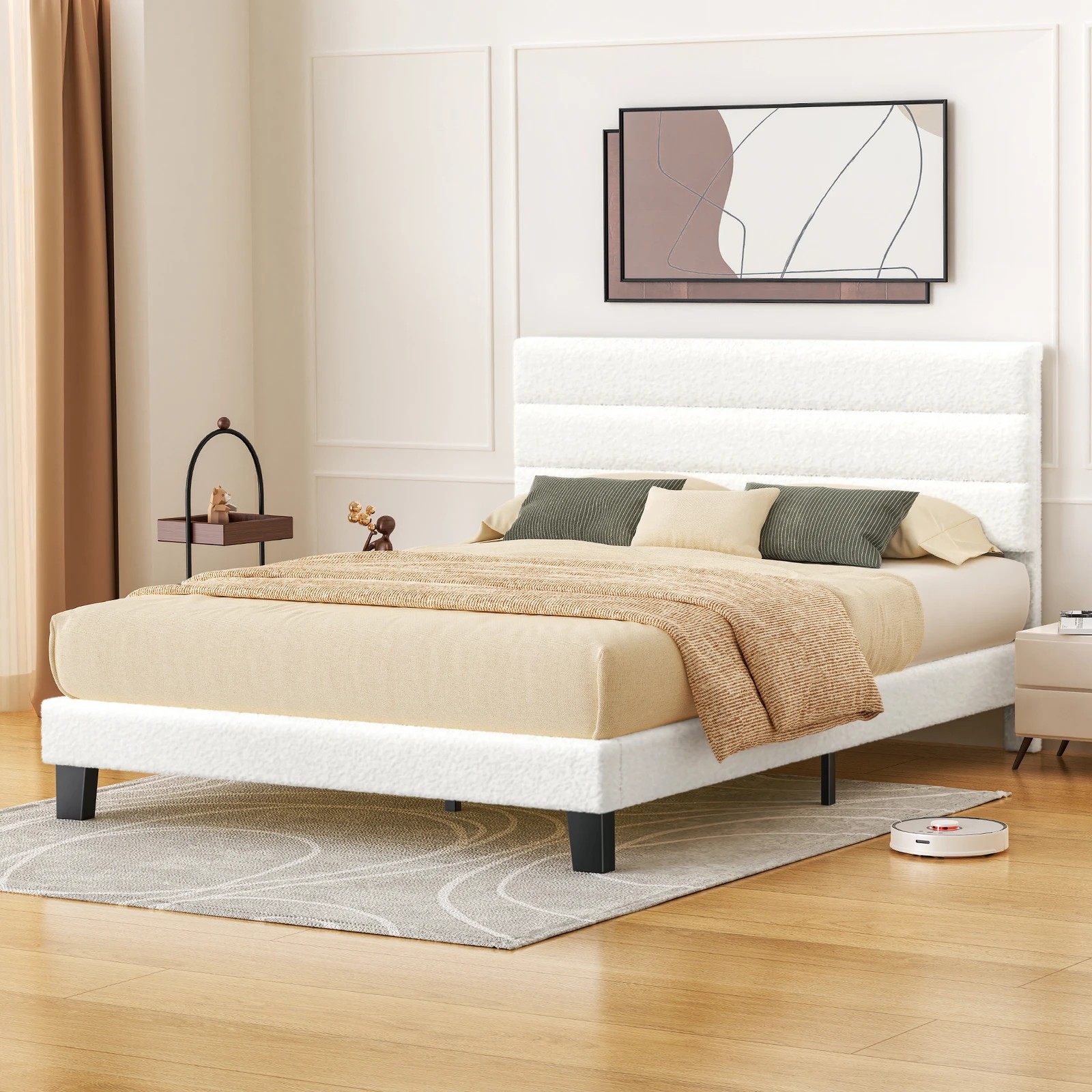 2 Alfordson Bed Frame Queen Size Upholstered Platform Boucle Harlene - White, 2 of 10