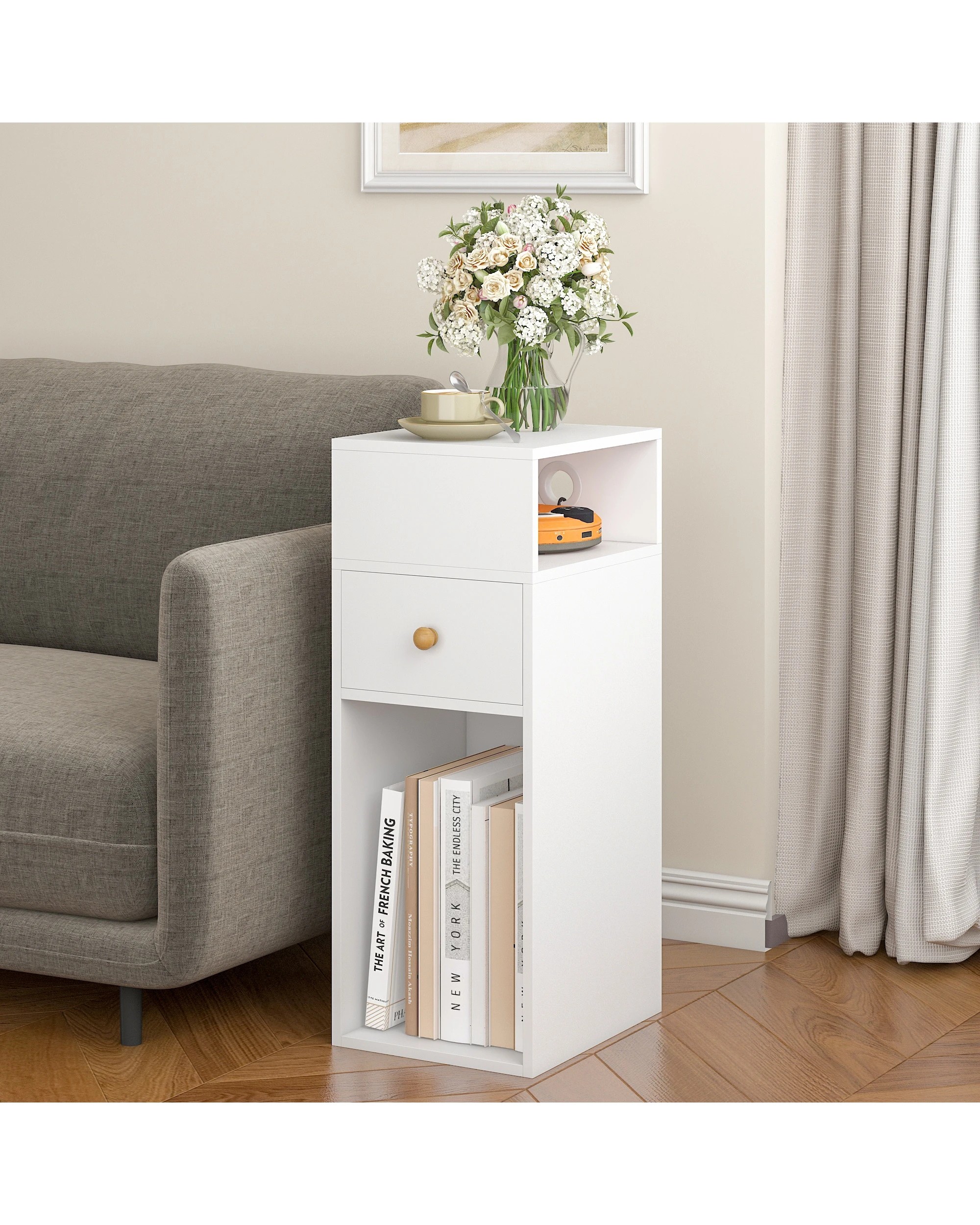 8 Advwin Slim Bedside Table w/ Side Shelf & Drawer - White, 8 of 10