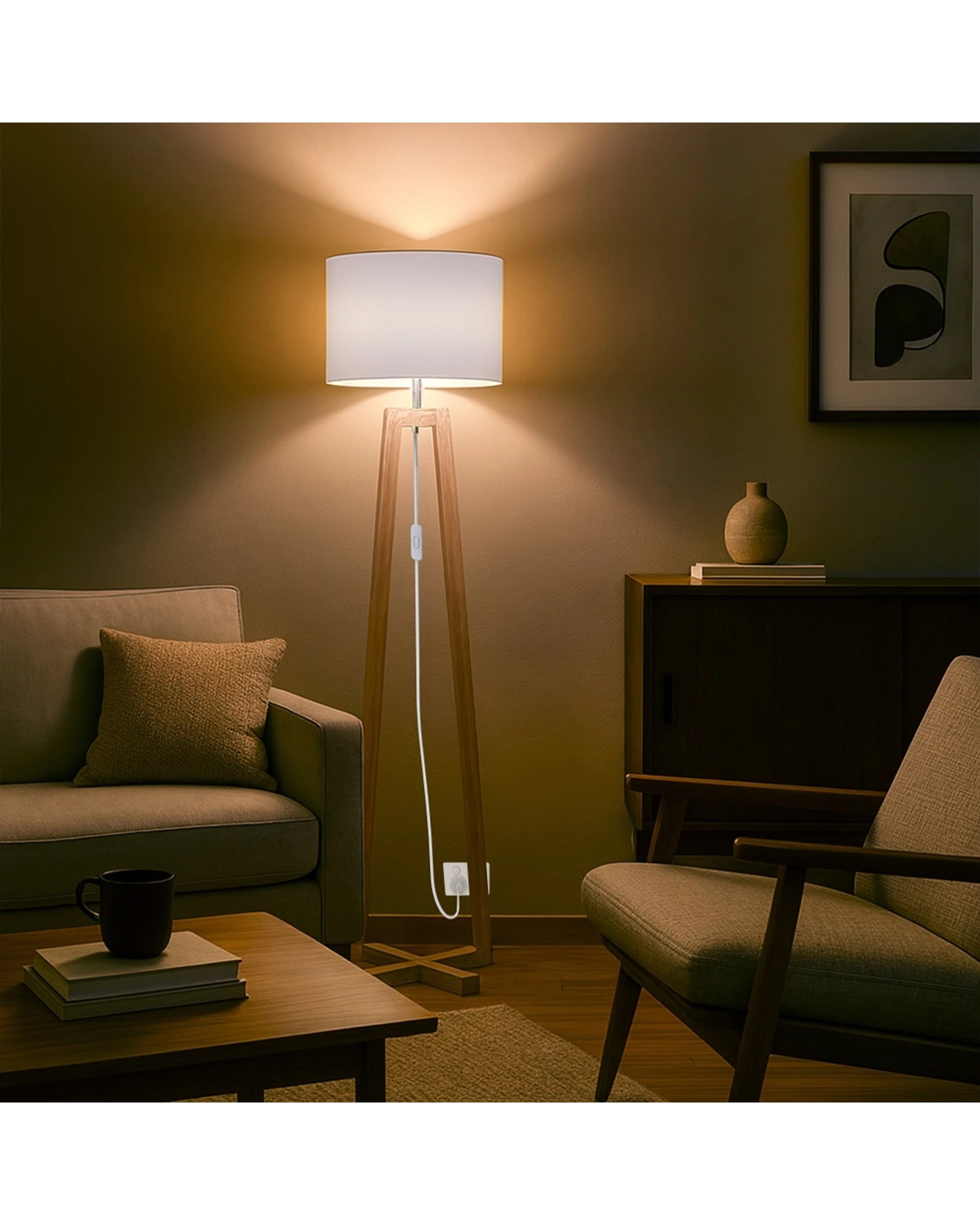 3 Urban Style Dana Floor Lamp Shade Tripod Timber Base Inline Switch - Grey, 3 of 4