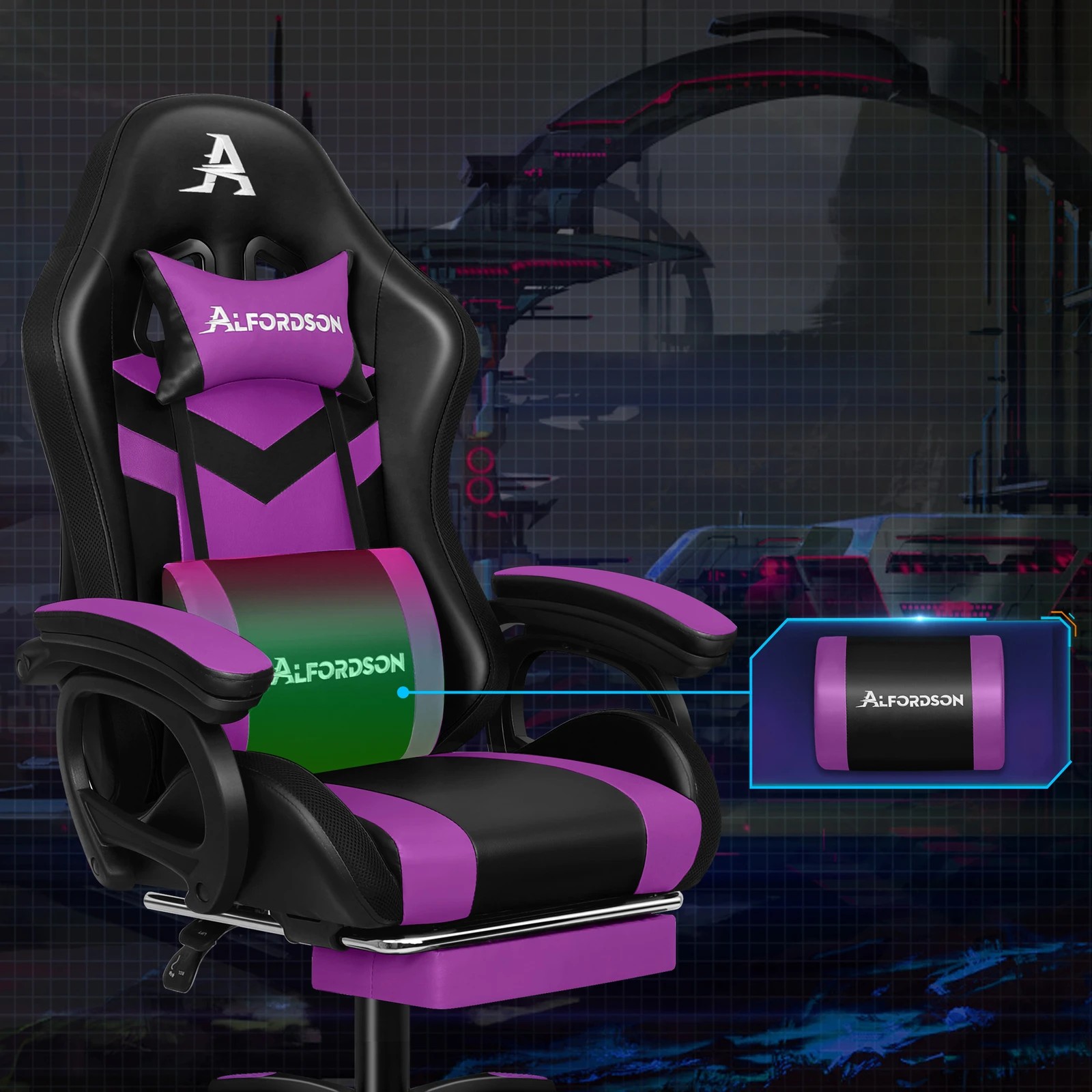 5 Alfordson Gaming Office Chair 12 RGB LED Massage Computer Seat Footrest - Purple, 5 of 10