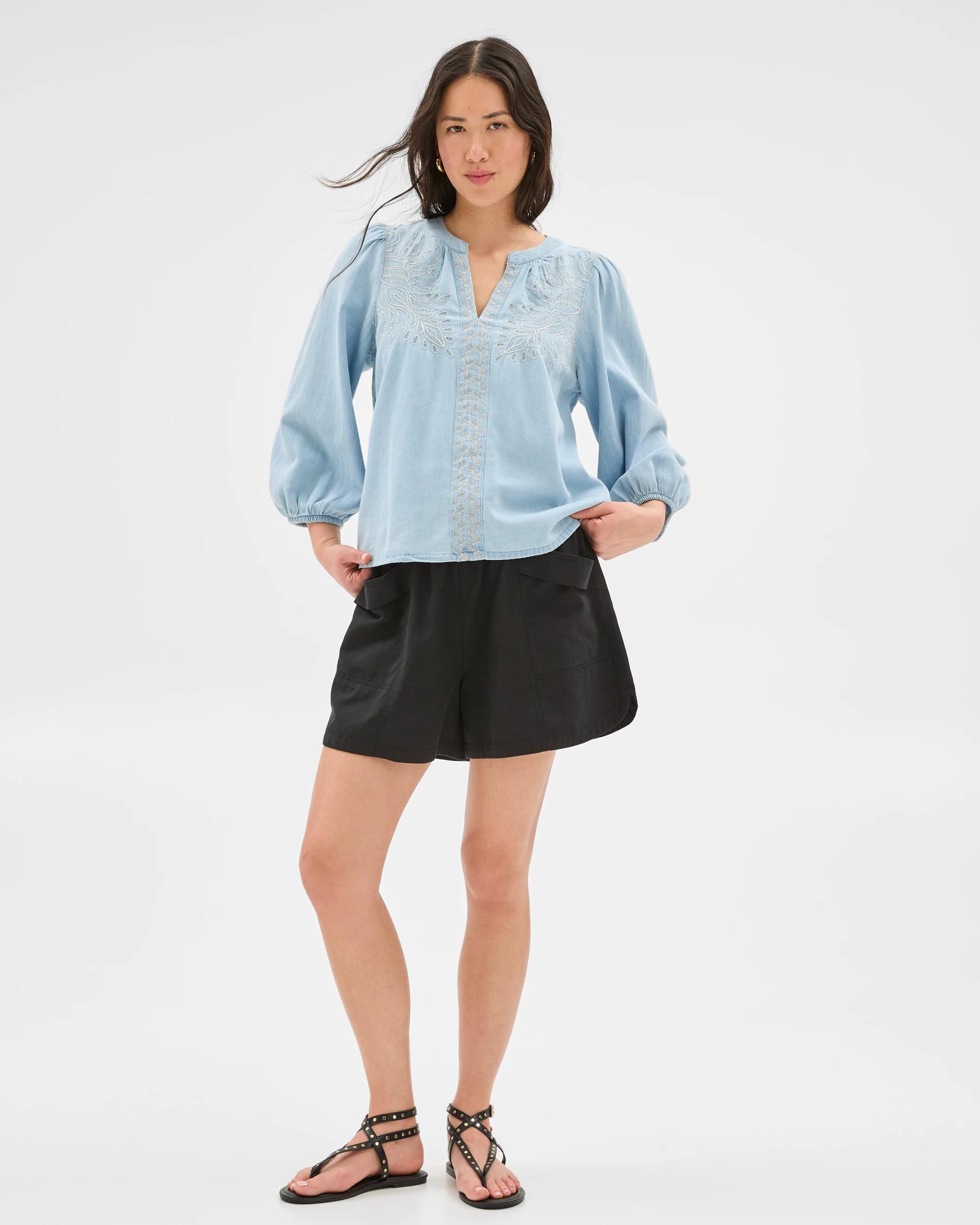 2 Target 3/4 Sleeve Chambray Embroidered Blouse CHAMBRAY, 2 of 7