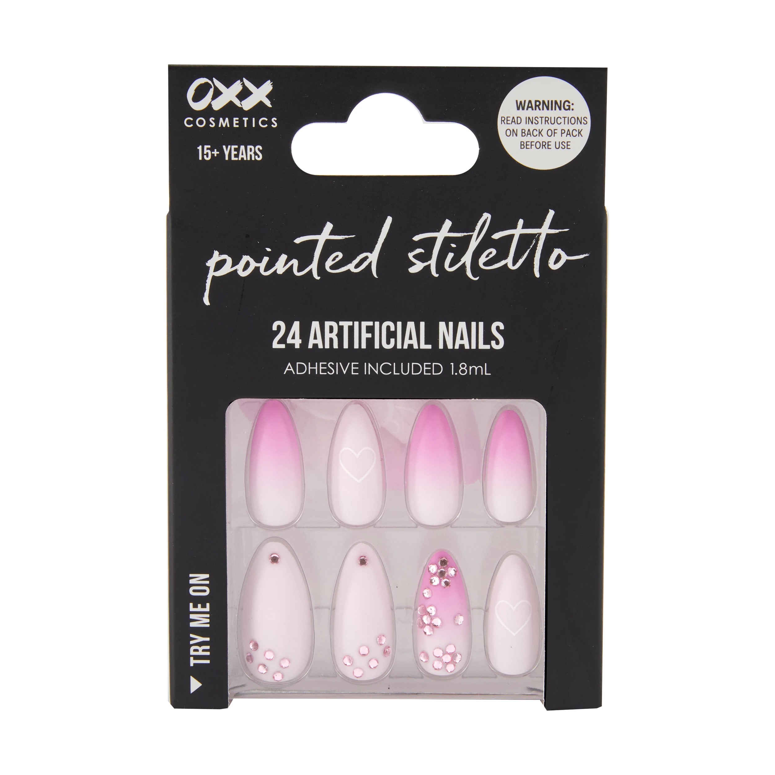 1 OXX Cosmetics 24 Pack Artificial Nails with Adhesive - Pointed Stiletto Shape, Gem Hearts, 1 of 4