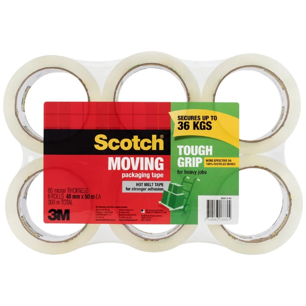 1 Scotch Tough Grip Moving Tape 48mm x 50m Clear 6 Pack, 1 of 3