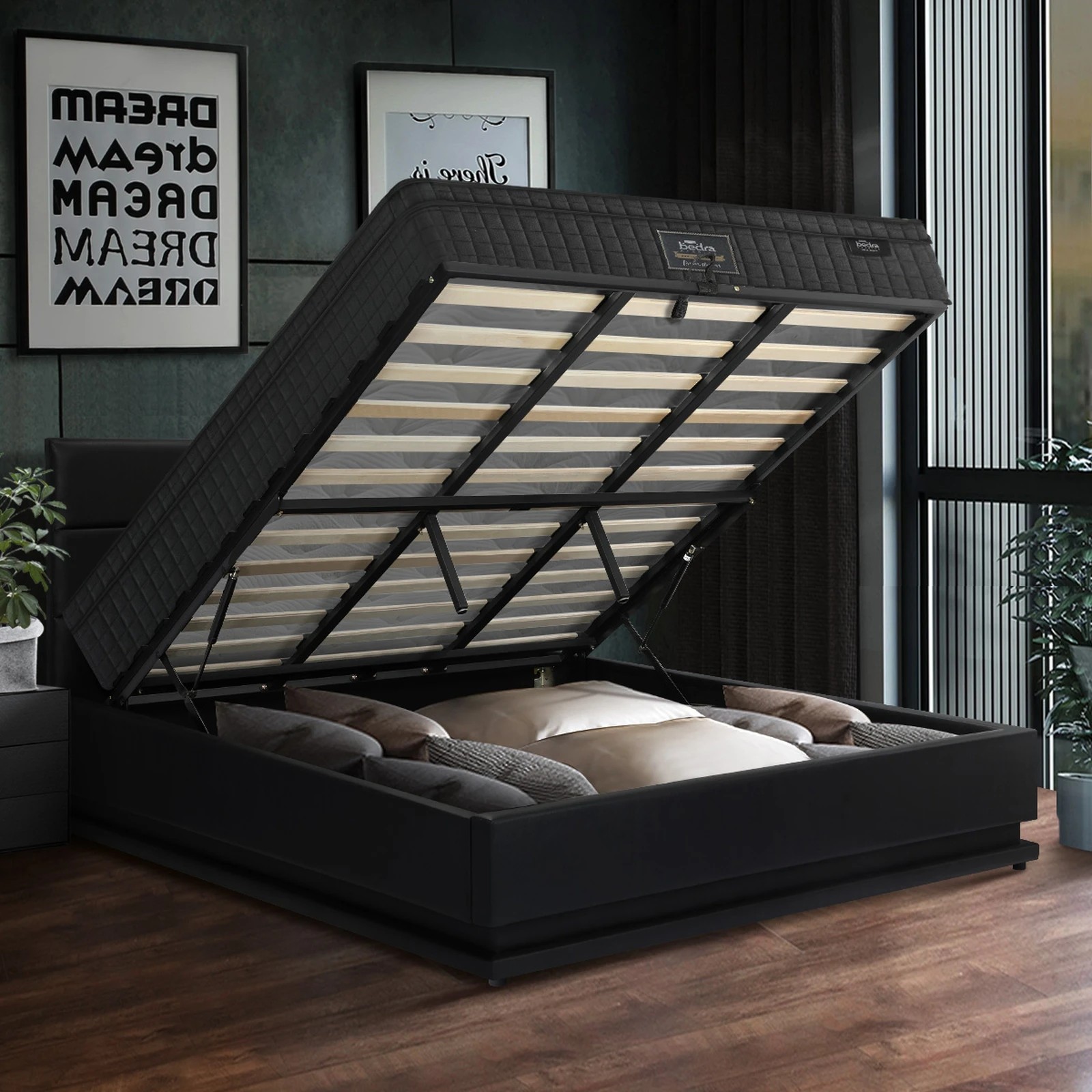4 Oikiture Bed Frame King Size LED with Gas Lift Storage Mattress Set LAYZ - Black, 4 of 6
