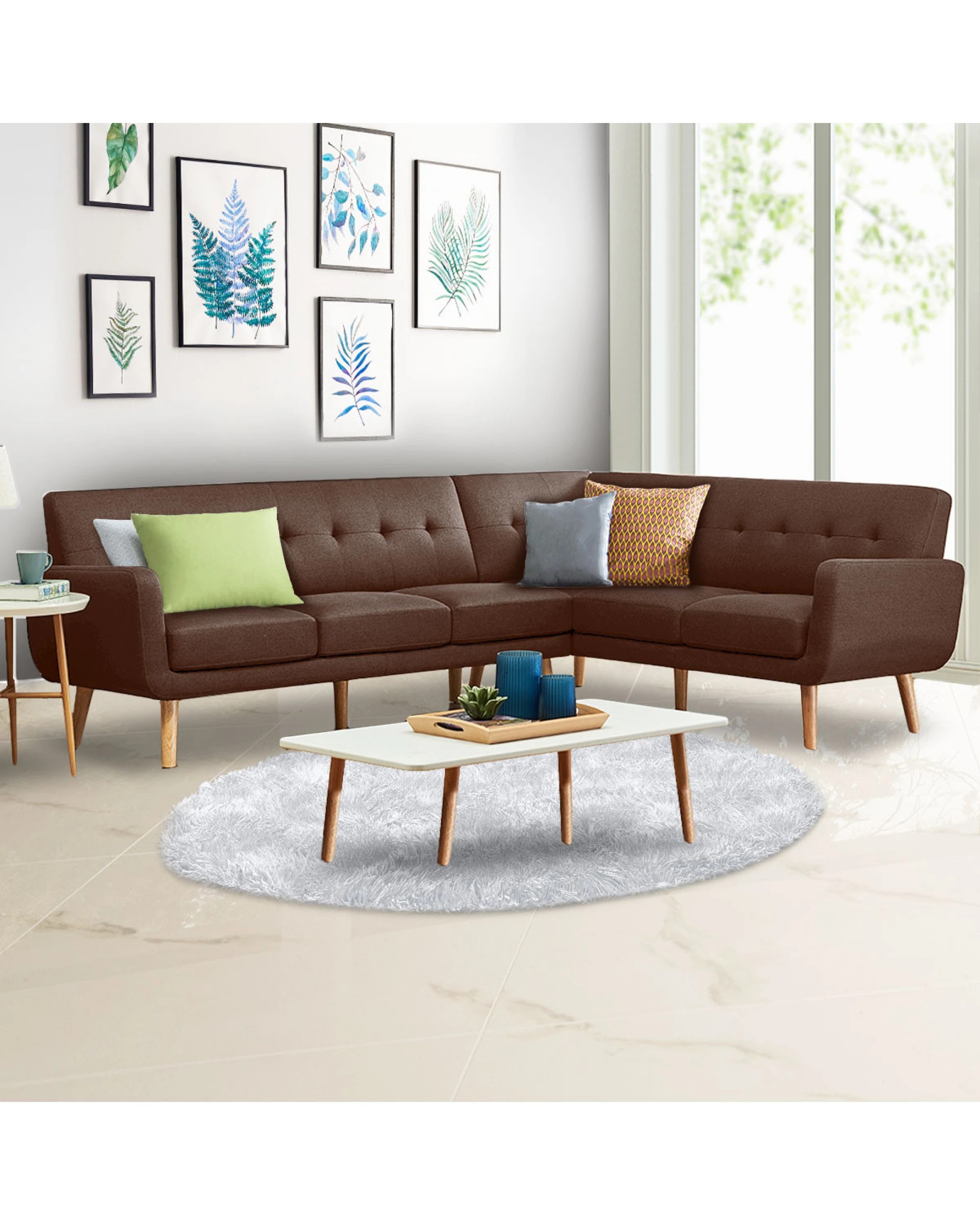 7 Faux Linen Corner Wooden Sofa Lounge L-shaped With Chaise Brown, 7 of 7