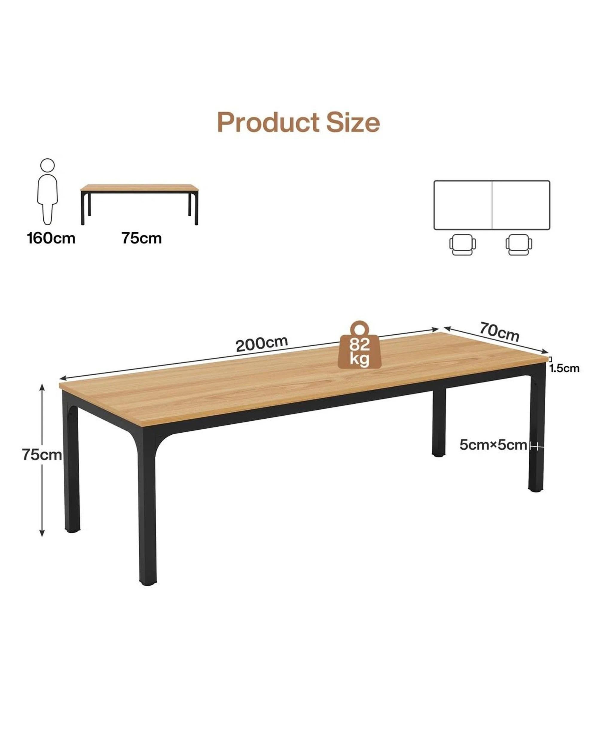 5 OAKORY 200cm Home Office Desk for Two People, Large Writing Desk with Heavy-Duty Metal Legs, Black & Light Walnut, 5 of 8