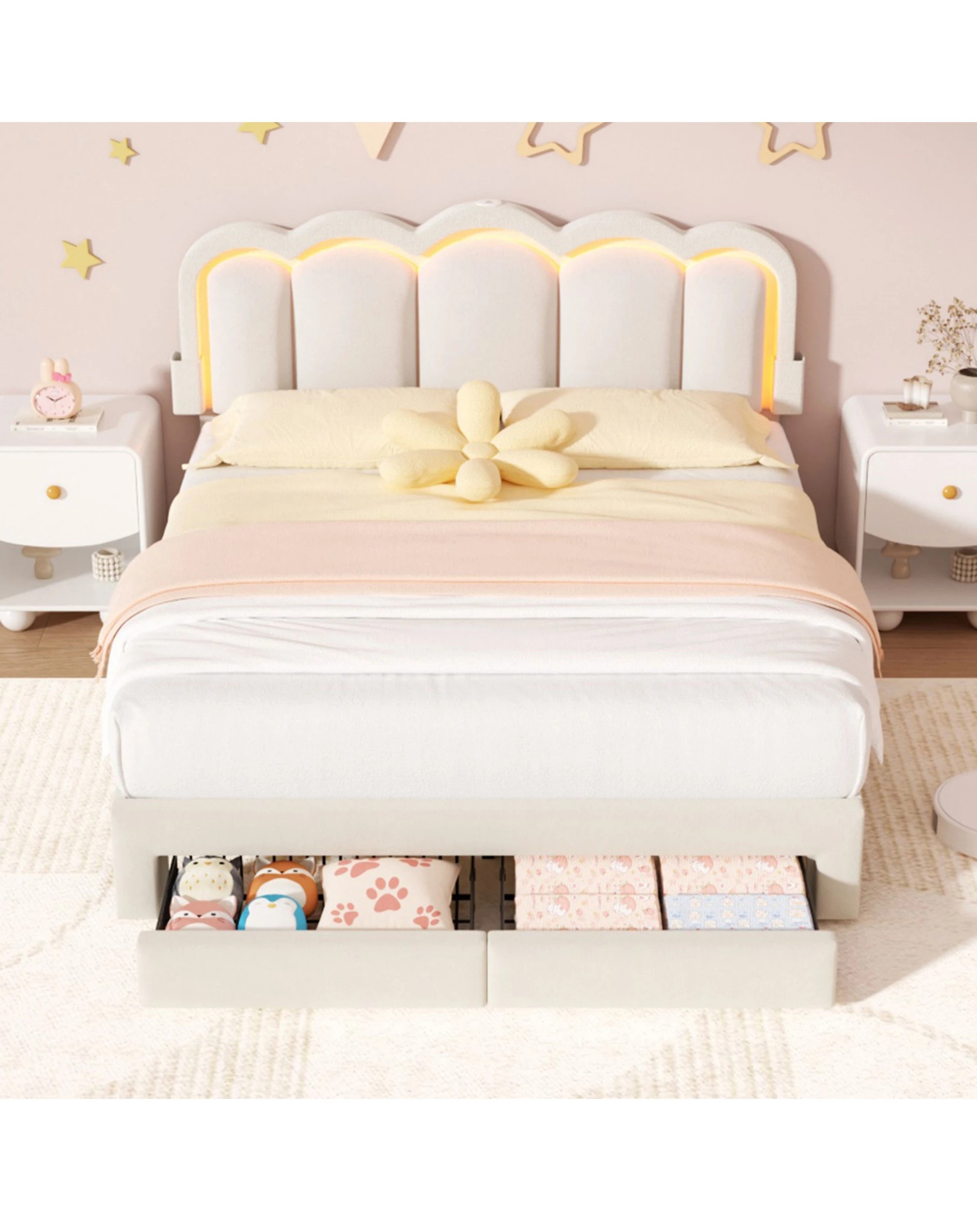 8 Advwin LED Bed Frame with Adjustable Headboard and 2 Storage Drawers USB Velvet Double - Beige, 8 of 8
