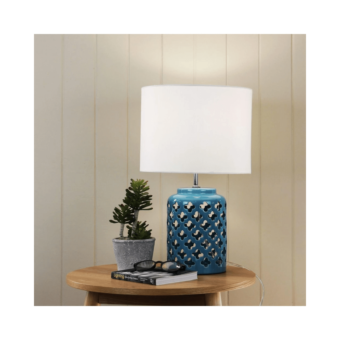 2 Oriel Casbah Teal Ceramic Table Lamp — Moorish Cut with 30cm Beige Shade
 - blue, 2 of 2