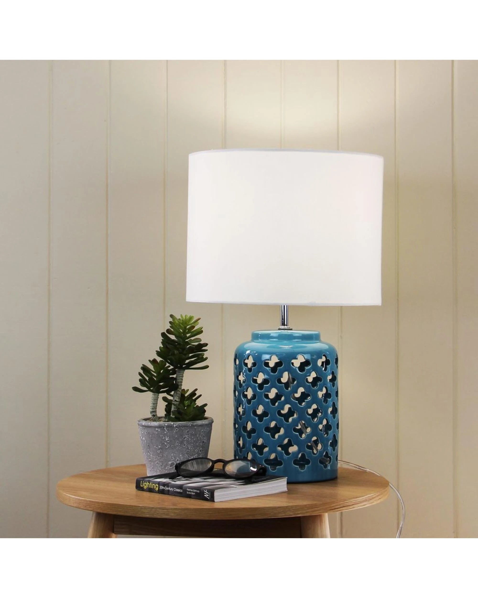 2 Oriel Casbah Teal Ceramic Table Lamp — Moorish Cut with 30cm Beige Shade
 - blue, 2 of 2