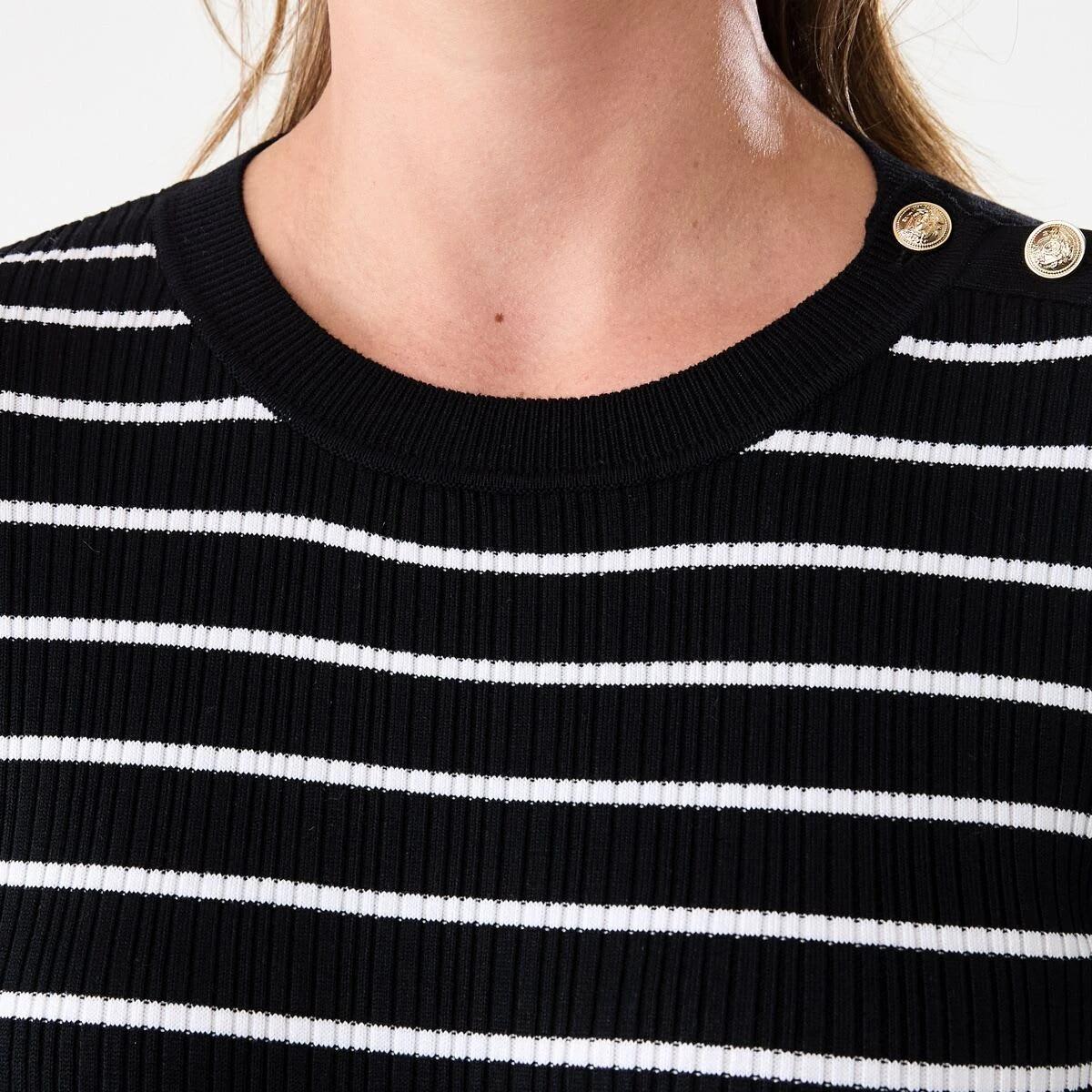 5 Long Sleeve Button Detail Top Ecru Strp, 5 of 6