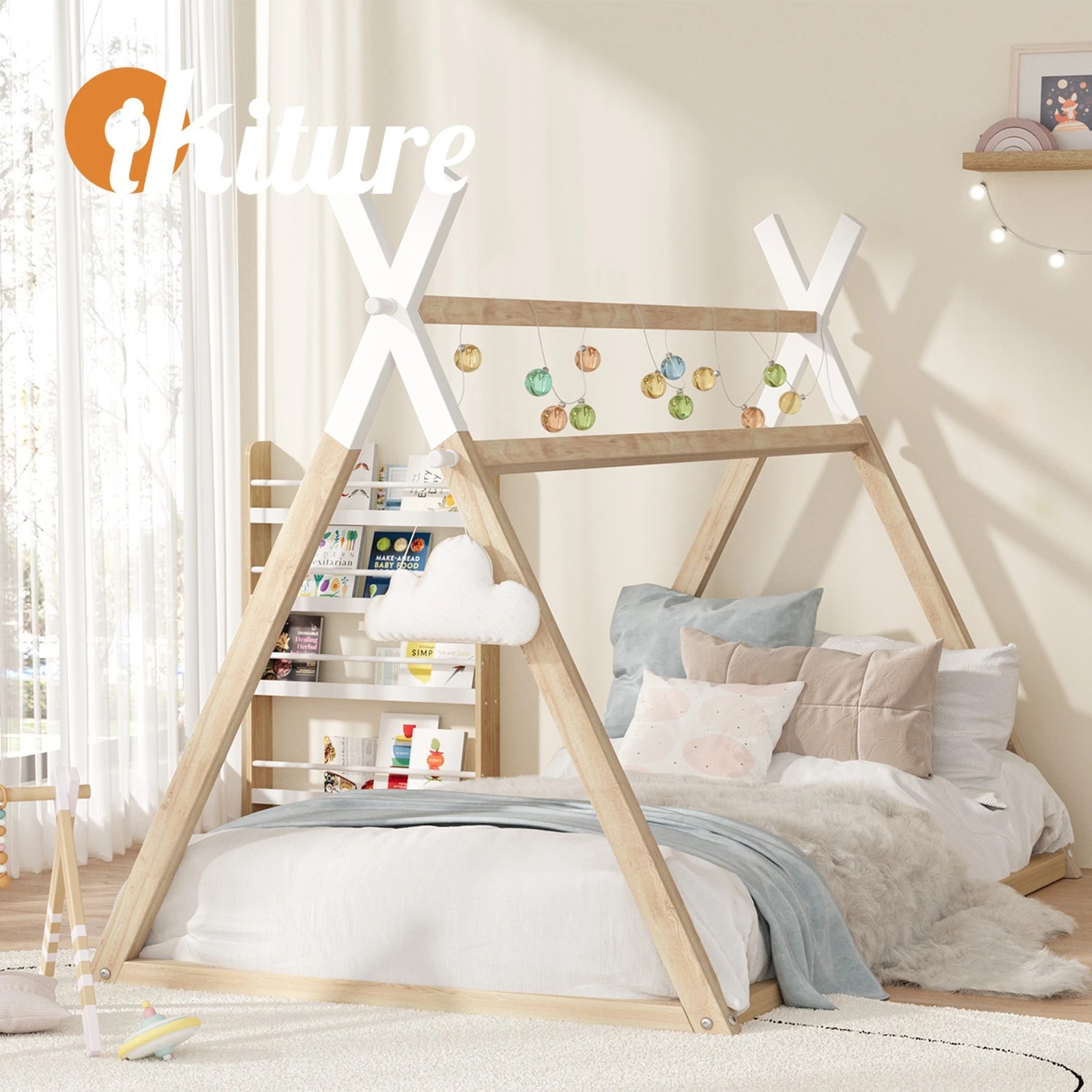 7 Oikiture King Single Kids Bed Frame Mattress Set Wooden Timber Teepee House Beds
 - Multi, 7 of 10
