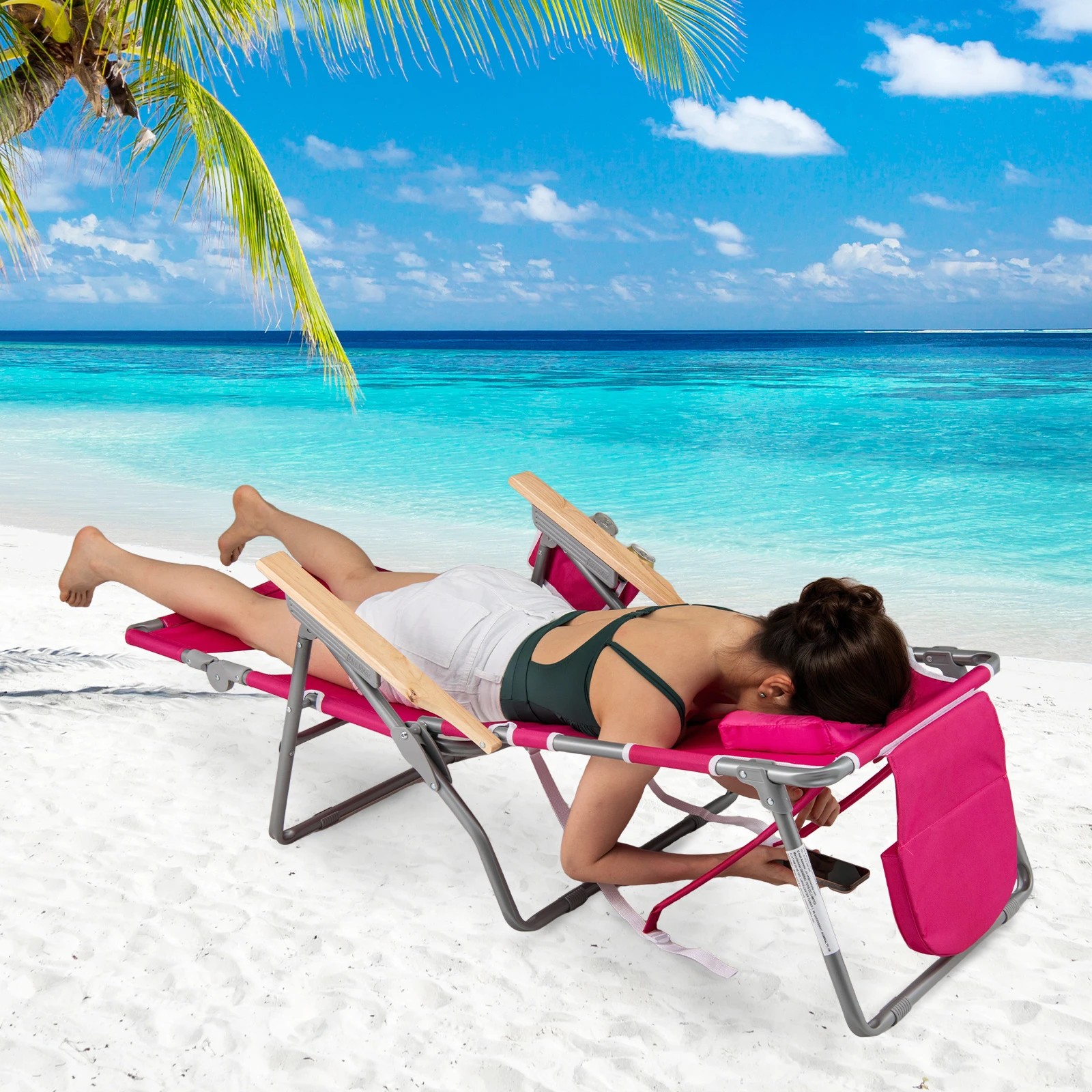 3 Costway 3-in-1 Foldable Beach Chair Portable Sunbathing Lounger w/Face Hole - Pink, 3 of 5