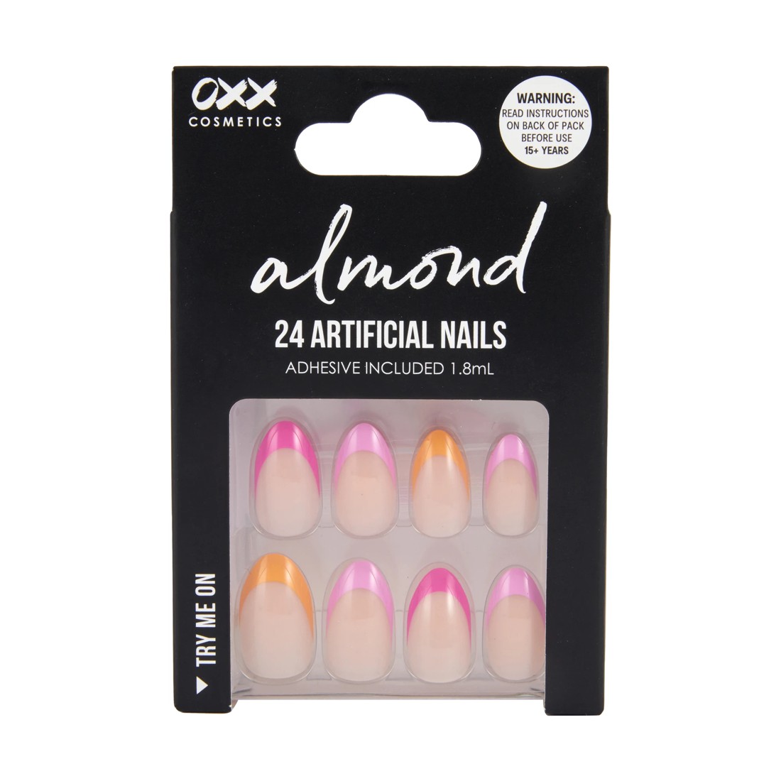 1 OXX Cosmetics 24 Pack Artificial Nails with Adhesive - Almond Shape, Pink and Orange Tip, 1 of 5