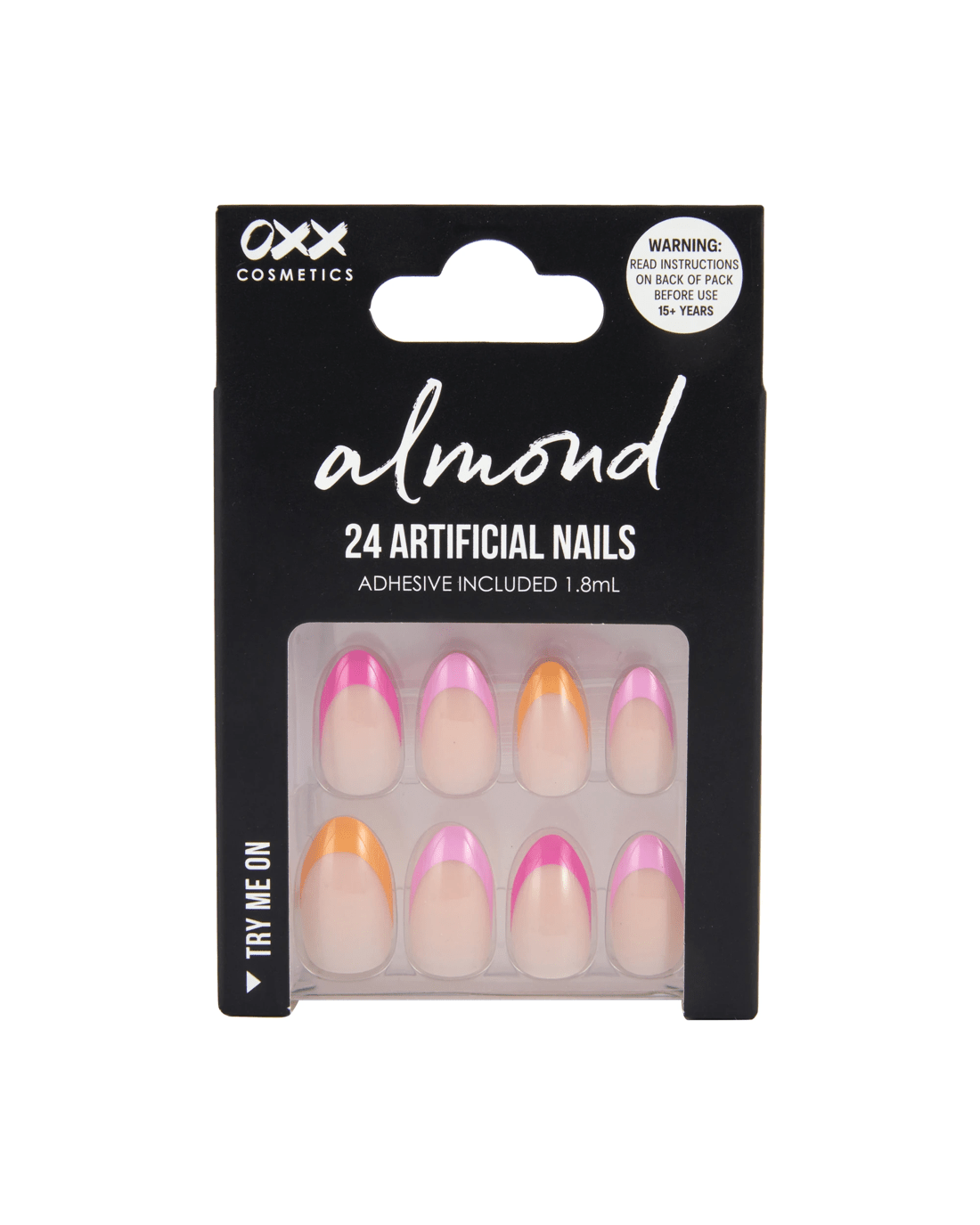 1 OXX Cosmetics 24 Pack Artificial Nails with Adhesive - Almond Shape, Pink and Orange Tip, 1 of 5