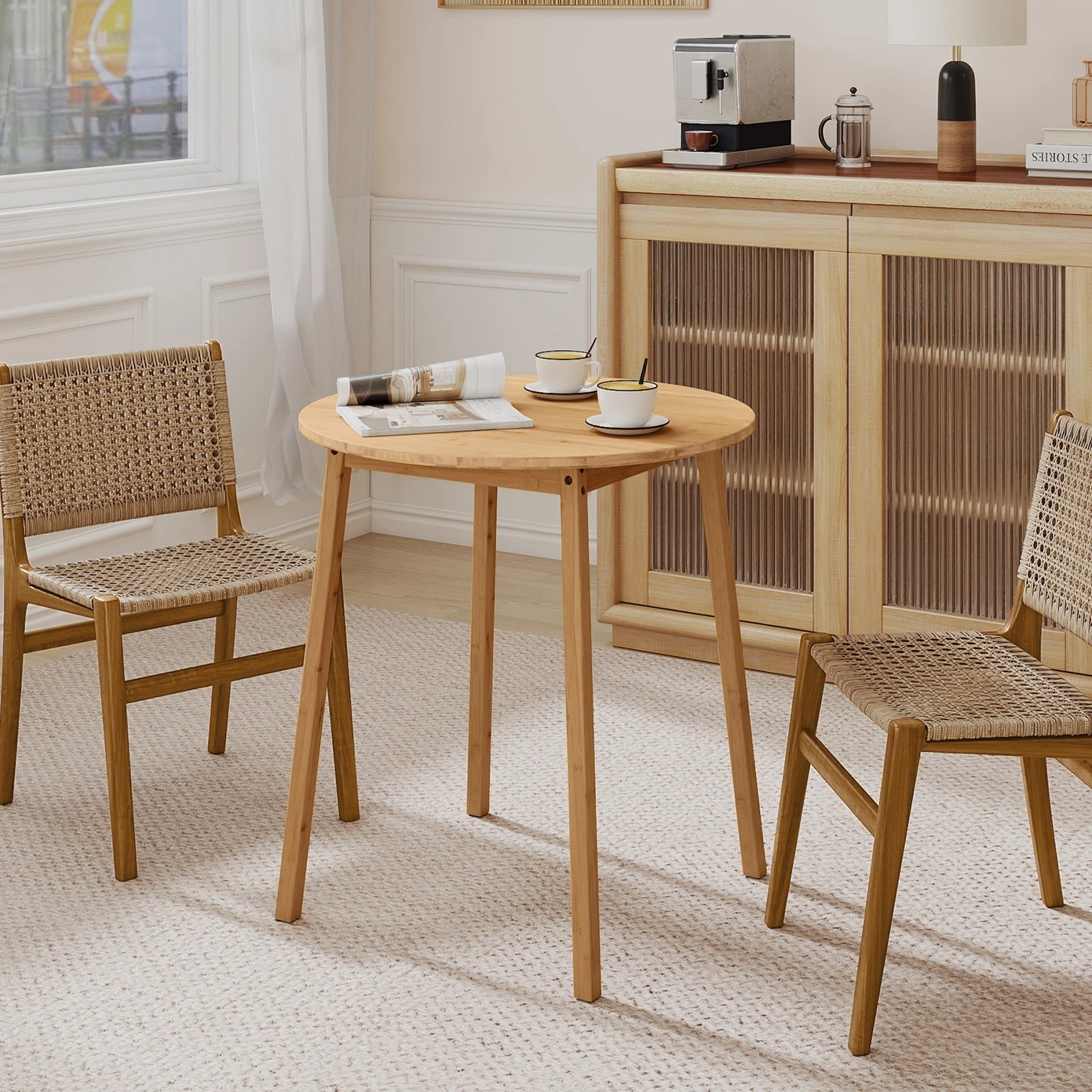 3 Costway Round Bamboo Dining Table 70cm Solid Wood Writing Desk Kitchen Breakfast, 3 of 4