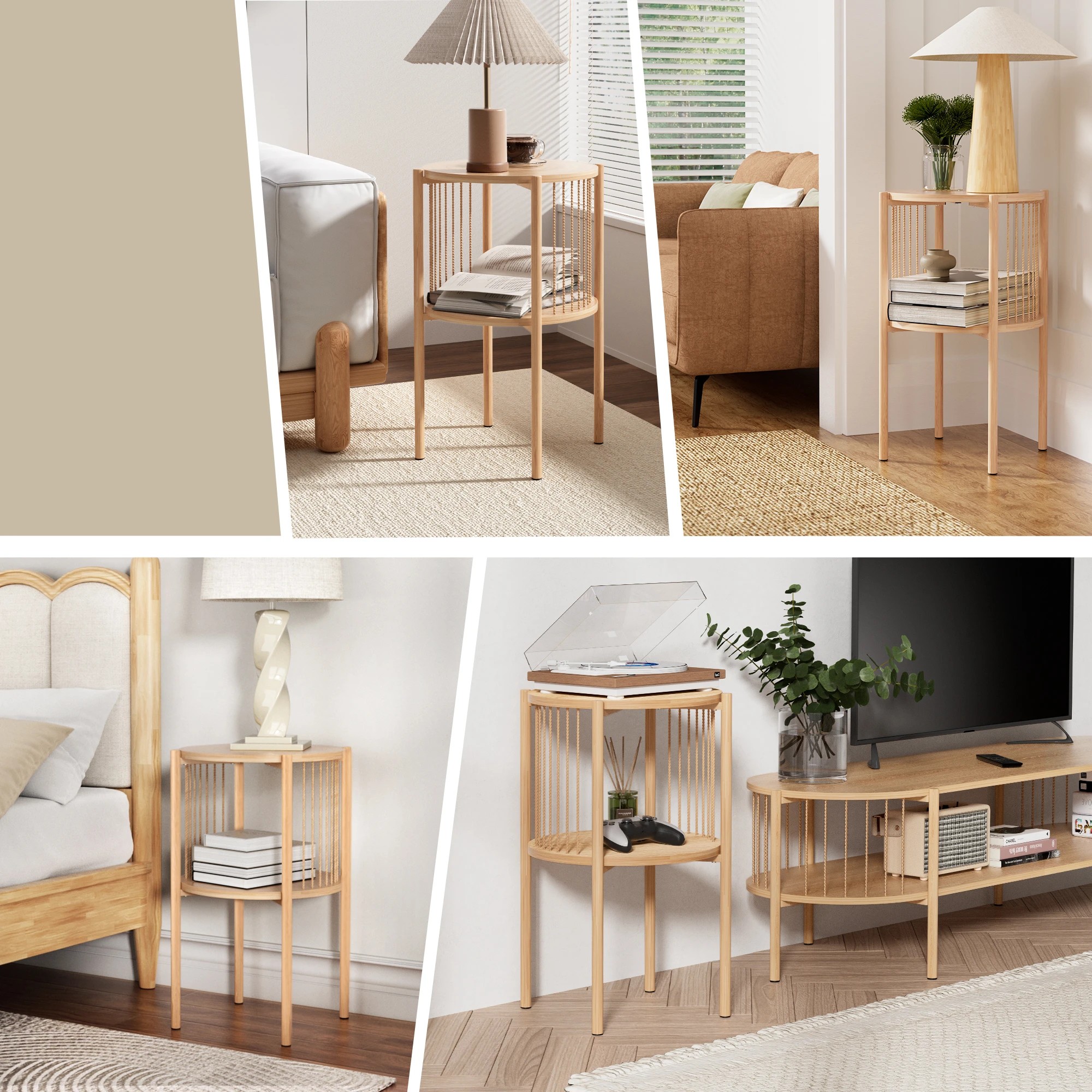 6 Artiss End Tables 2Pcs Coffee Table Boho Bedside Nightstand 2-Tier Round Wood - Natural, 6 of 8