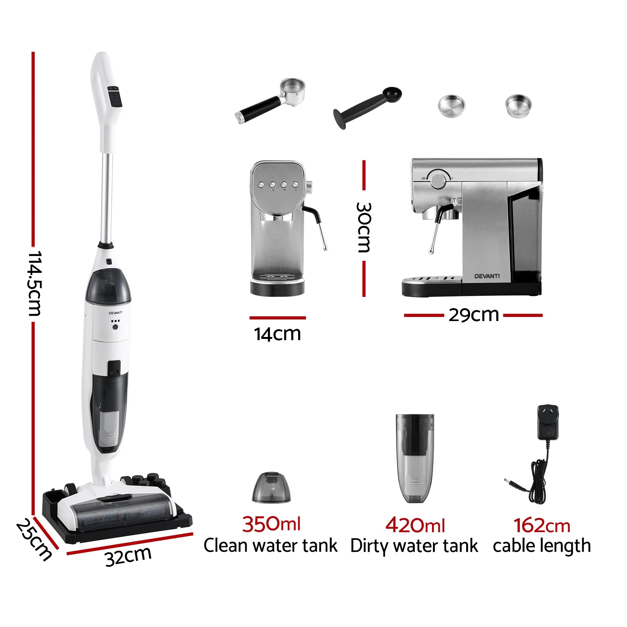 4 Devanti Cordless Wet Dry Vacuum Mop plus Coffee Maker Machine Espresso - Multi, 4 of 8