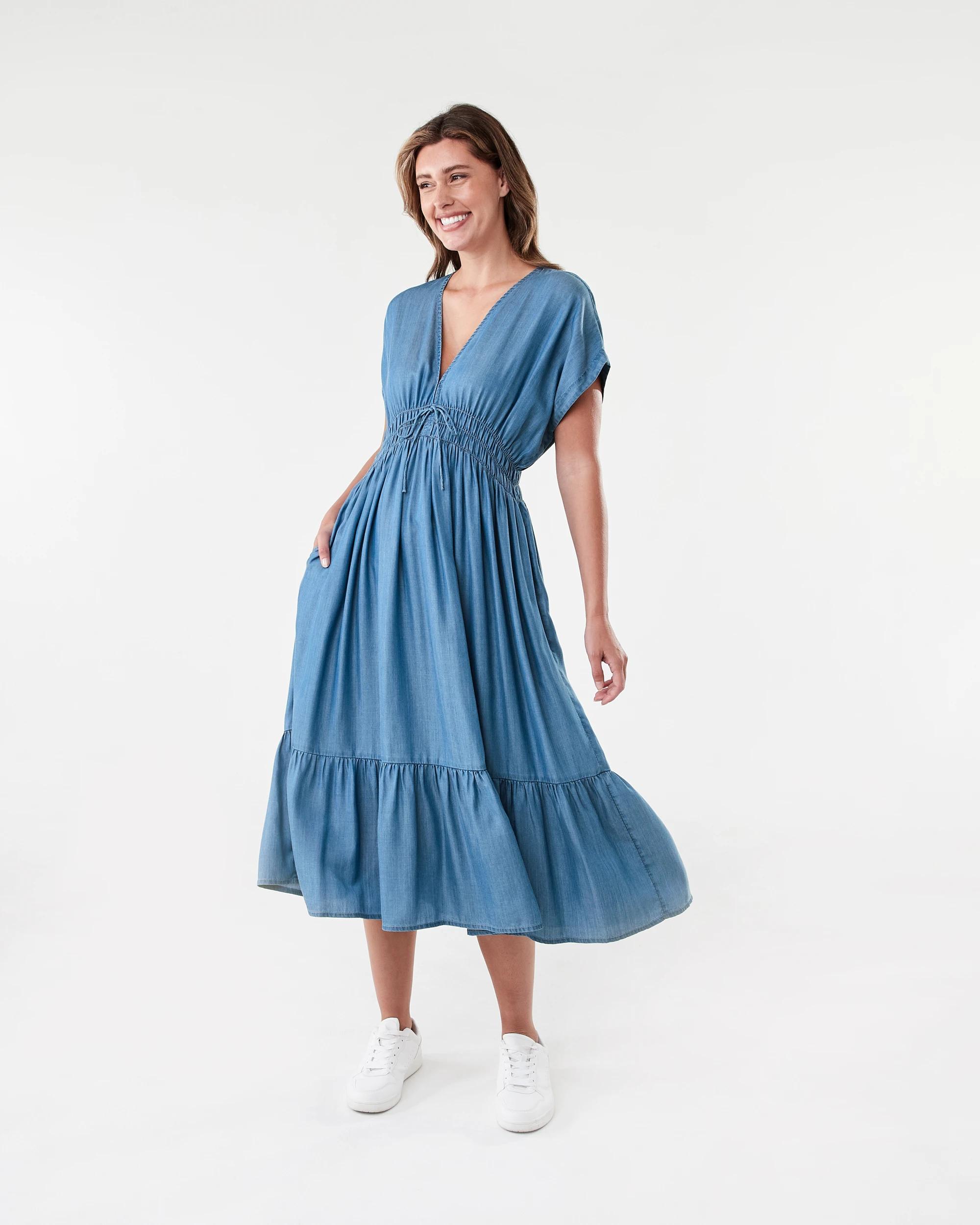 1 Short Sleeve Lyocell Tie Front Midi Dress Mid Wash, 1 of 8