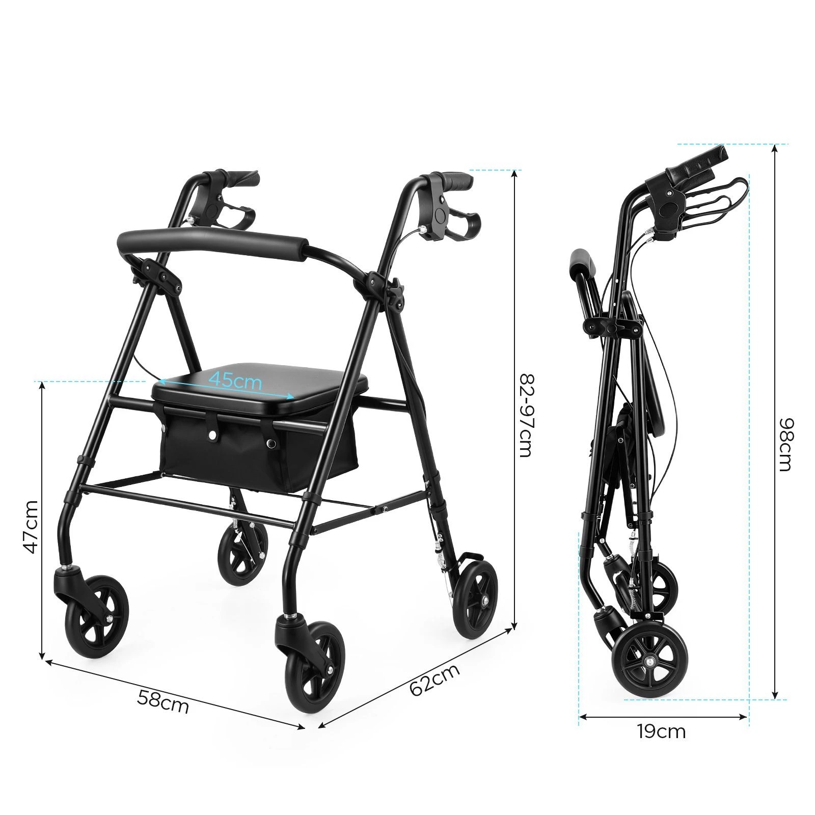 2 Ausway 4 Wheel Foldable Rollator Walker with Adjustable Handles & Seat for Seniors, 120kg Weight Capacity, 2 of 6