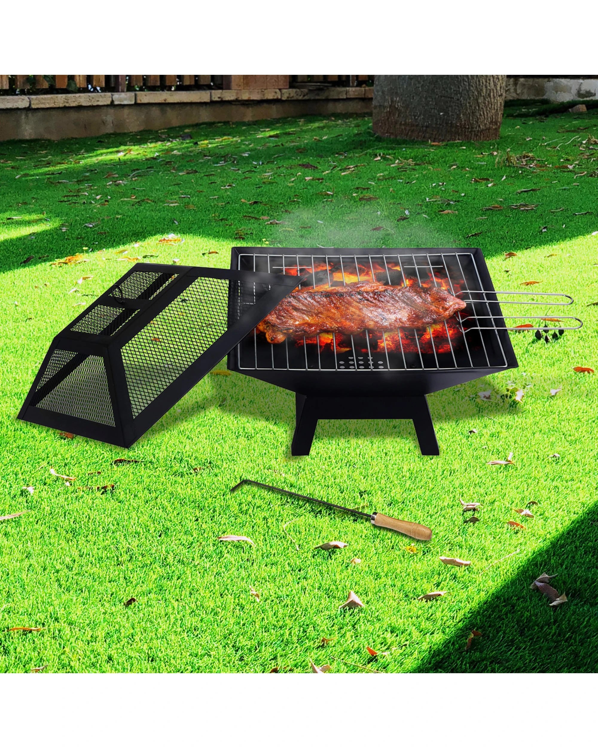 4 Wallaroo Portable BBQ Fire Pit with Mesh Cover Grill Ash Tray Steel Frame Wood Charcoal Outdoor Brazier - Black, 4 of 9