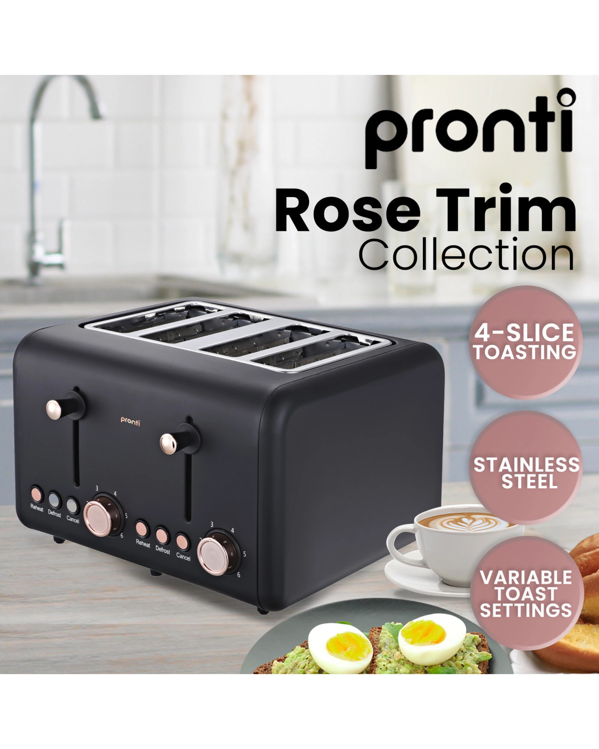 8 Pronti 4 Slice Toaster Rose Trim Collection - Black, 8 of 9