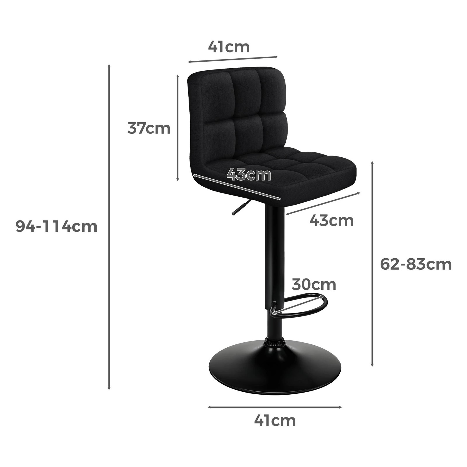 6 Alfordson 2x Bar Stools Ralph Kitchen Swivel Chair Fabric Gas Lift - Black, 6 of 7