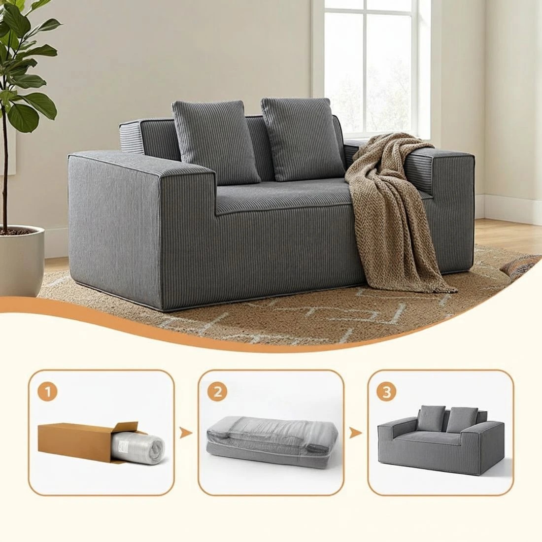6 Artiss 2 Seater Sofa Loveseat Sofas Bed Couch No Assembly Corduroy Small Couches Apartement - Grey, 6 of 9