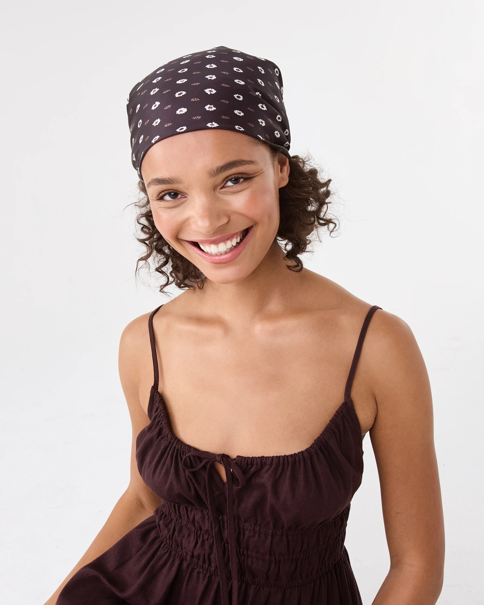 8 Ditsy Flower Print Hair Scarf - Brown, 8 of 11