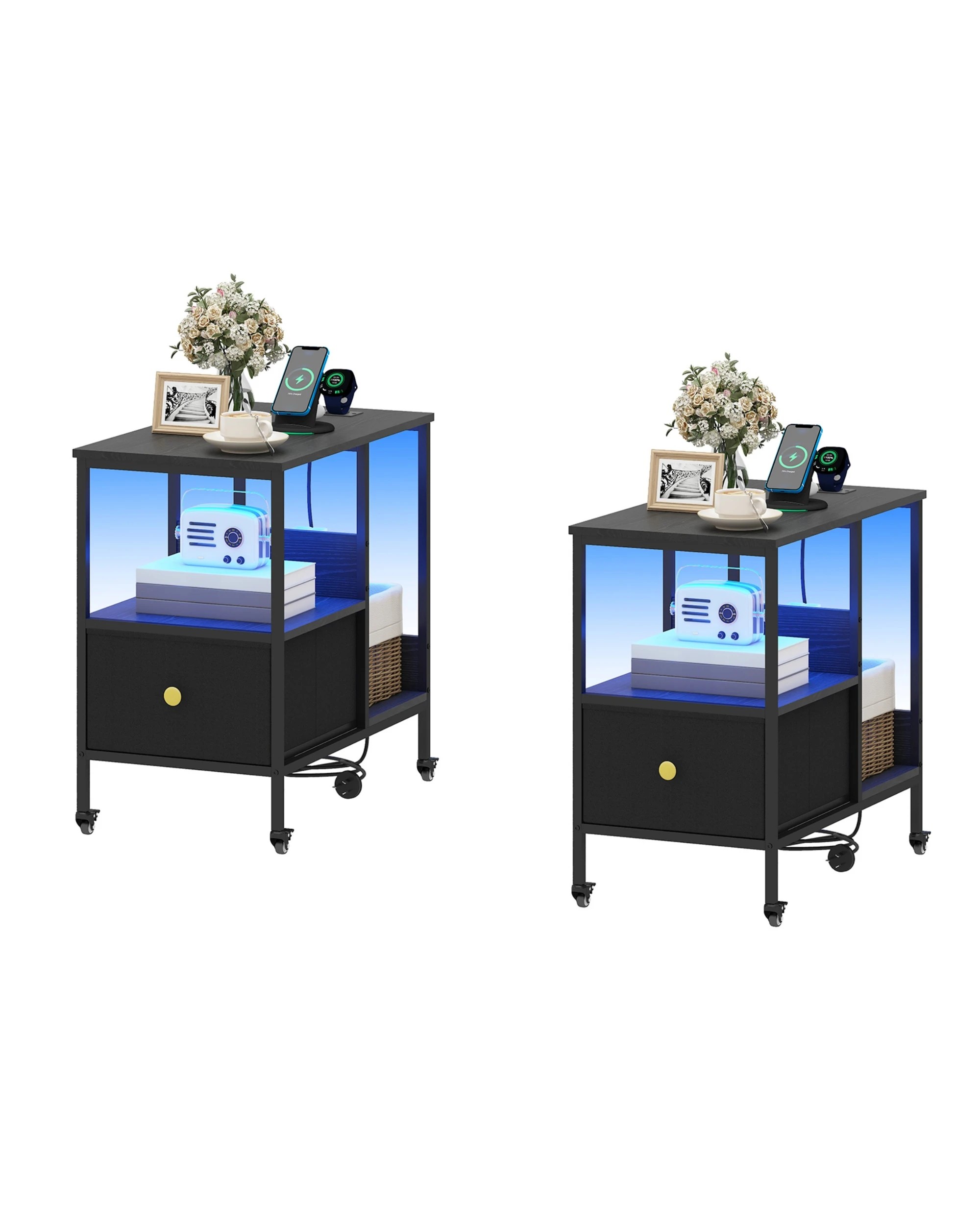 1 Advwin LED Side Table Set of 2 Sofa End Table w/ Power Outlets & Wheels Slim Bedside Table w/Reversible Drawer  - Black, 1 of 9