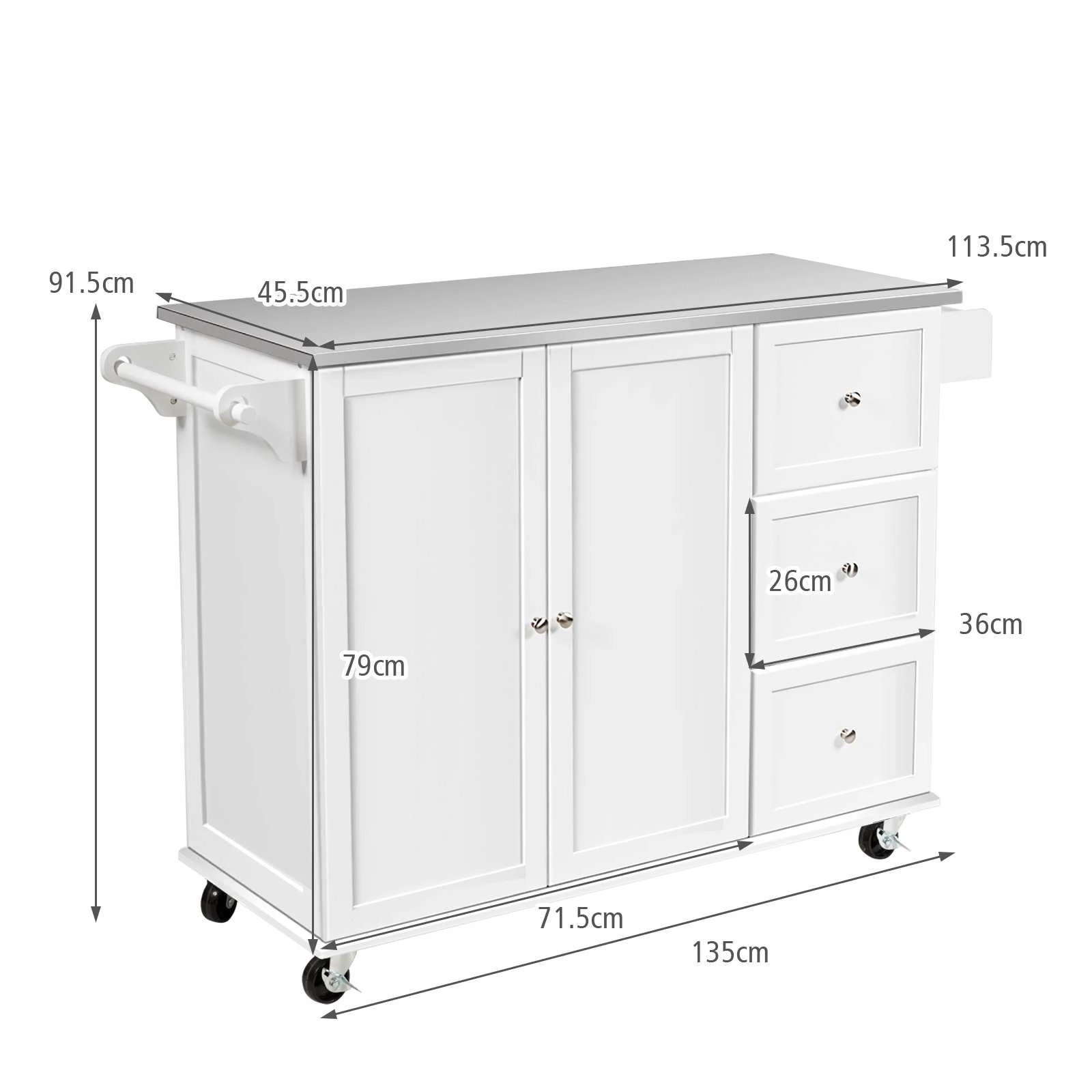 2 Costway Kitchen Trolley Cart Stainless Steel Rolling Serving Cart Shlef w/Drawers - White, 2 of 3