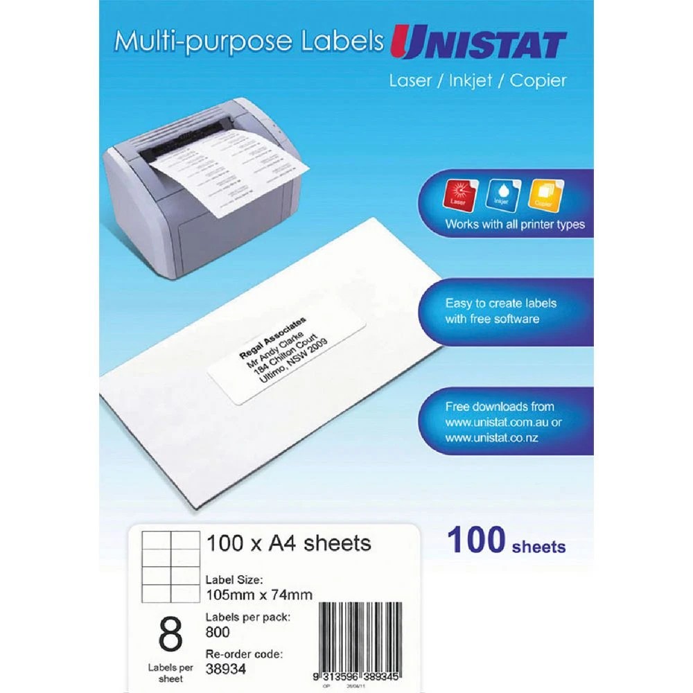 1 Unistat 8UP Inkjet Laser Labels 100 Sheets, 1 of 1