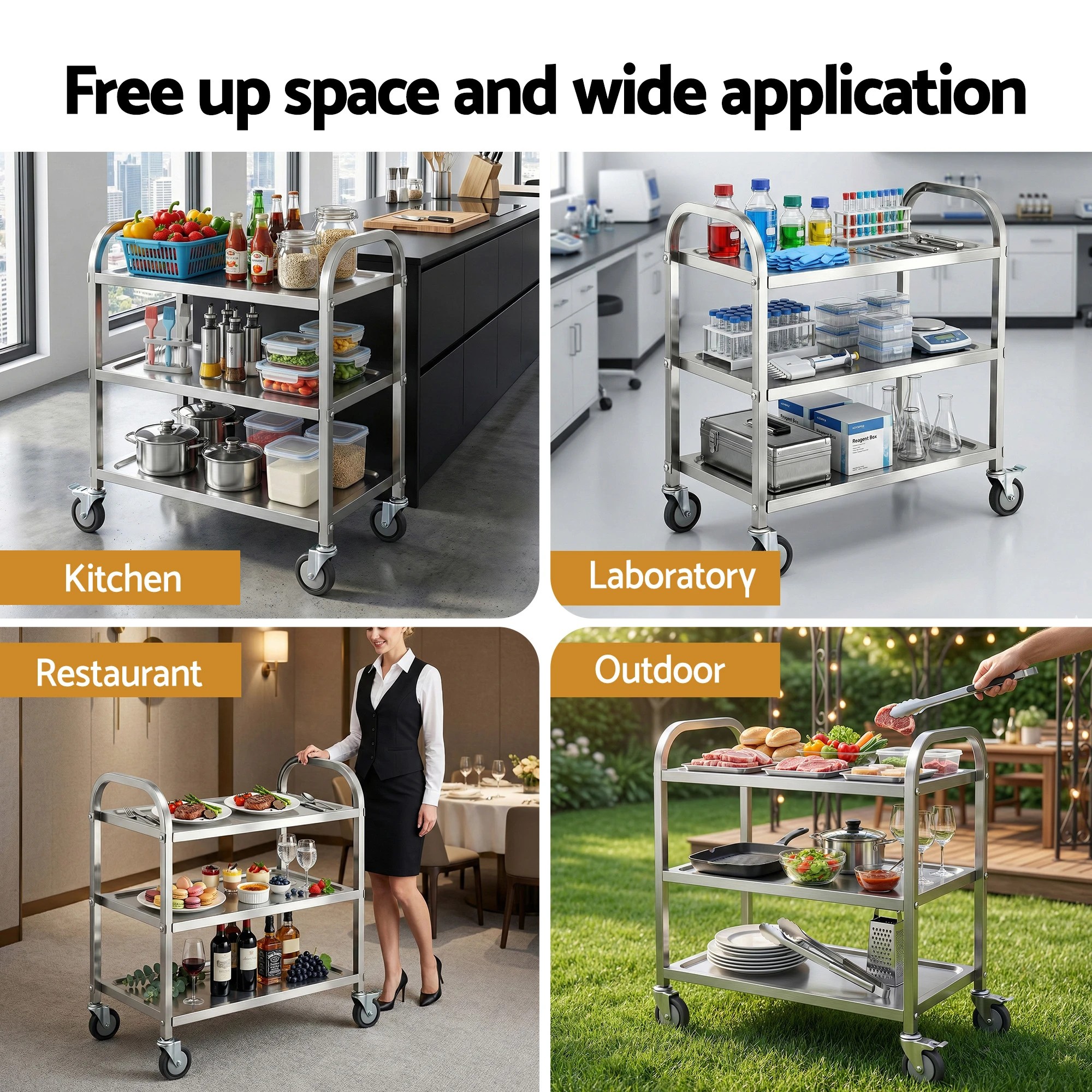 6 Cefito 3-Tier Stainless Steel Kitchen Trolley with Wheels 89X50X83cm - Silver, 6 of 6