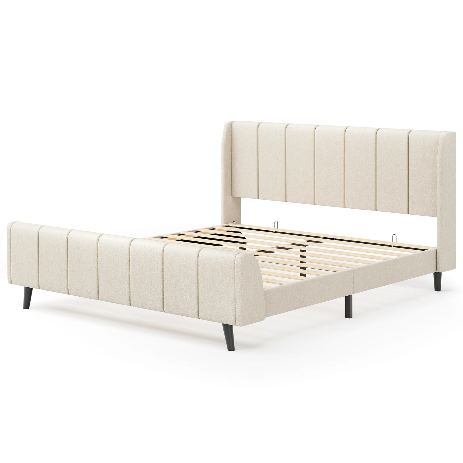 1 Alfordson Bed Frame Queen Size Tufted Headboard Base Beige Fabric Hundolf - Beige, 1 of 10