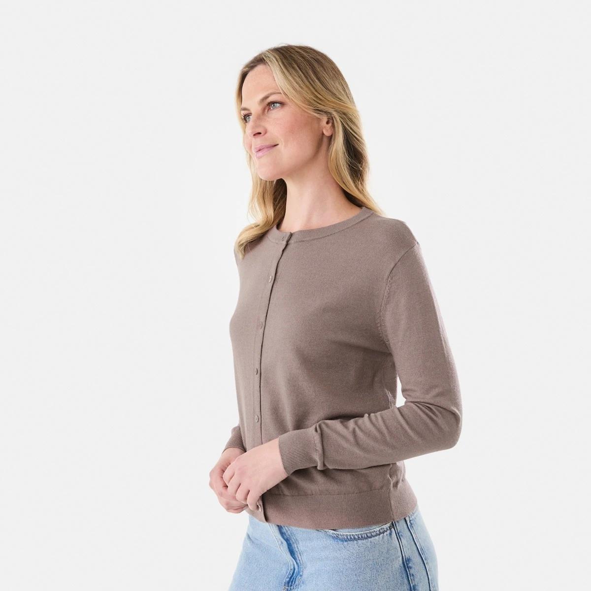 2 Lightweight Crew Neck Cardigan Taupe Brn, 2 of 6