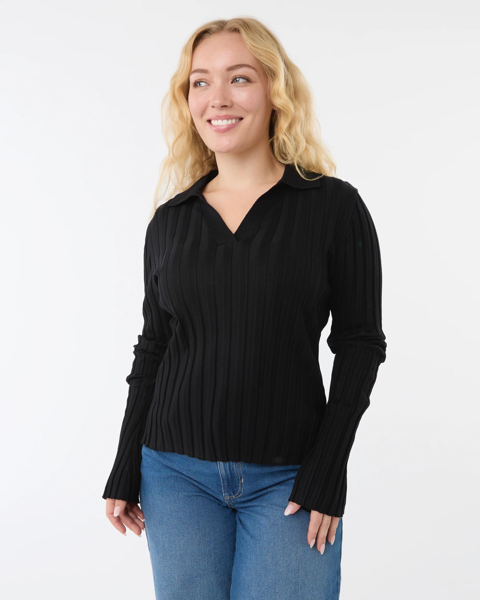 1 Long Sleeve Polo Top Black, 1 of 6