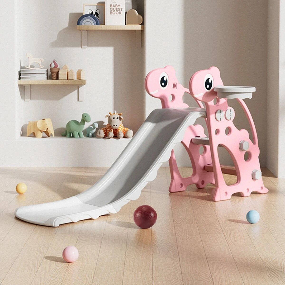 2 Kidbot 3 in 1 Kids Slide Set Climber Ladder Steps Basketball Hoop, 2 of 4