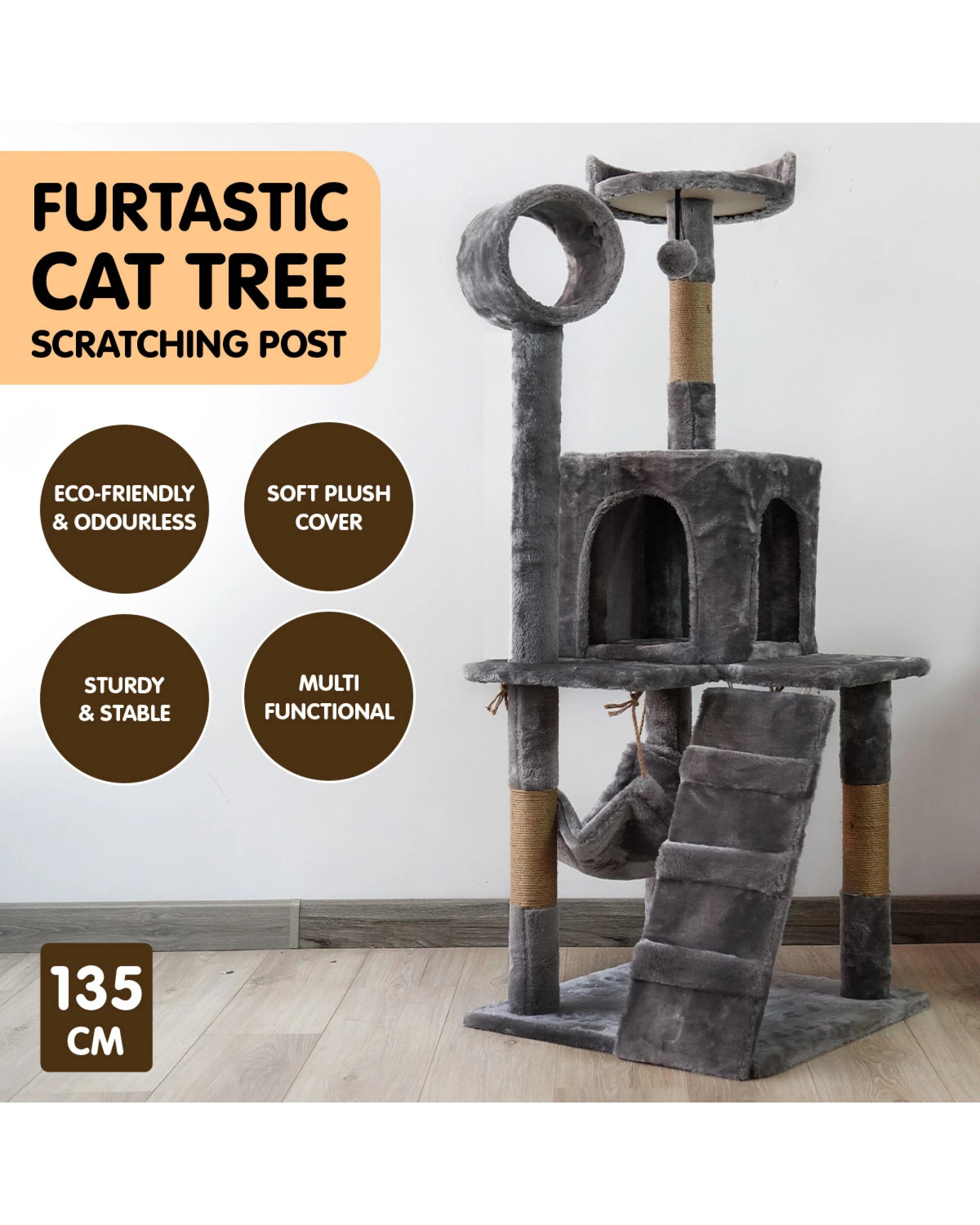 5 Furtastic 135cm Cat Tree Scratching Post - Dark Grey, 5 of 6