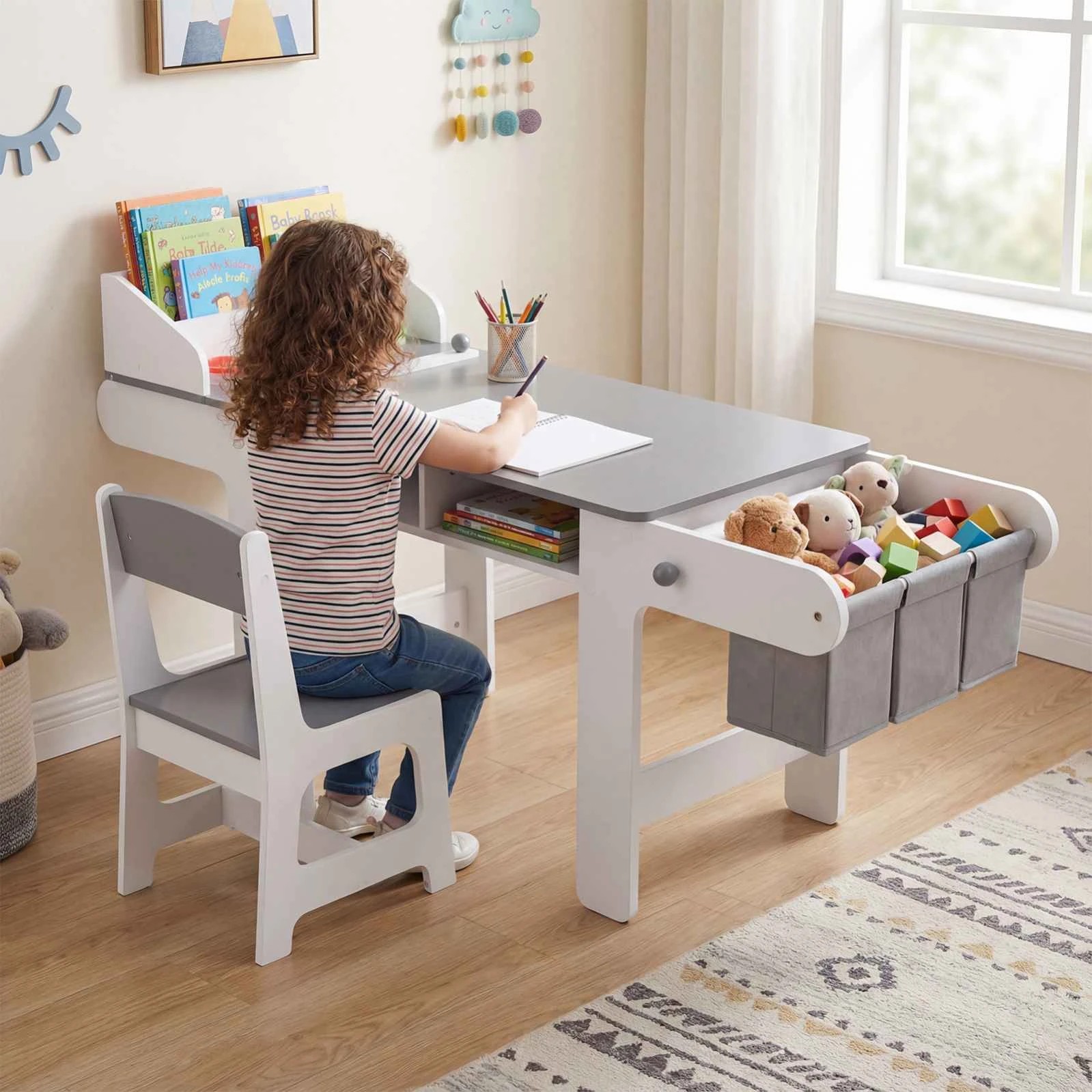 2 Costway Art Table Chair Set Craft Drawing Desk w/Paper Roll 4 Paint Cup - Grey, 2 of 2