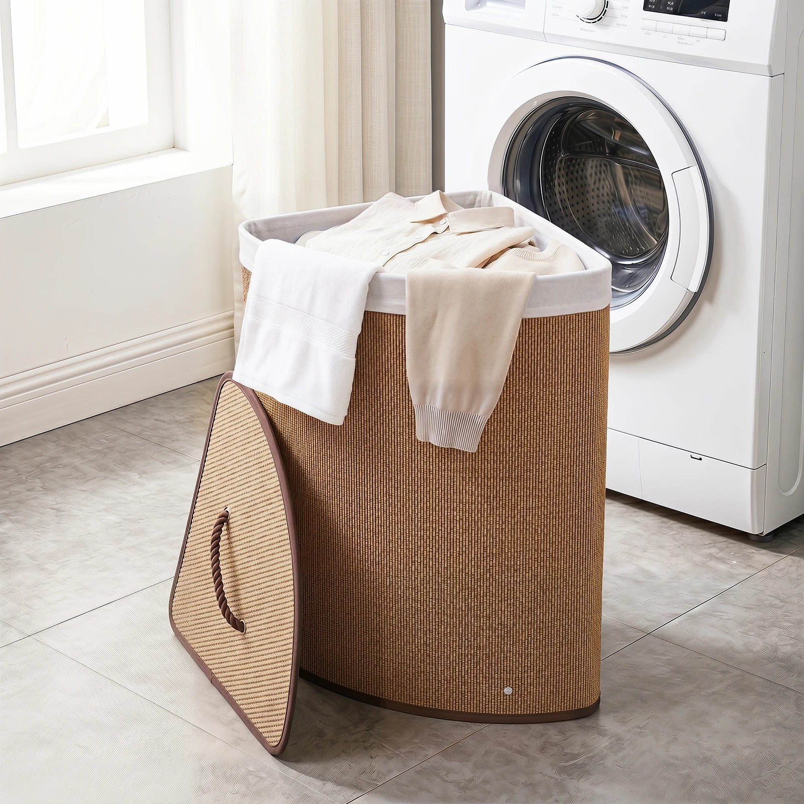 3 Costway 57L Corner Laundry Hamper Bamboo Clothes Hamper w/Removable Liner - Brown, 3 of 5