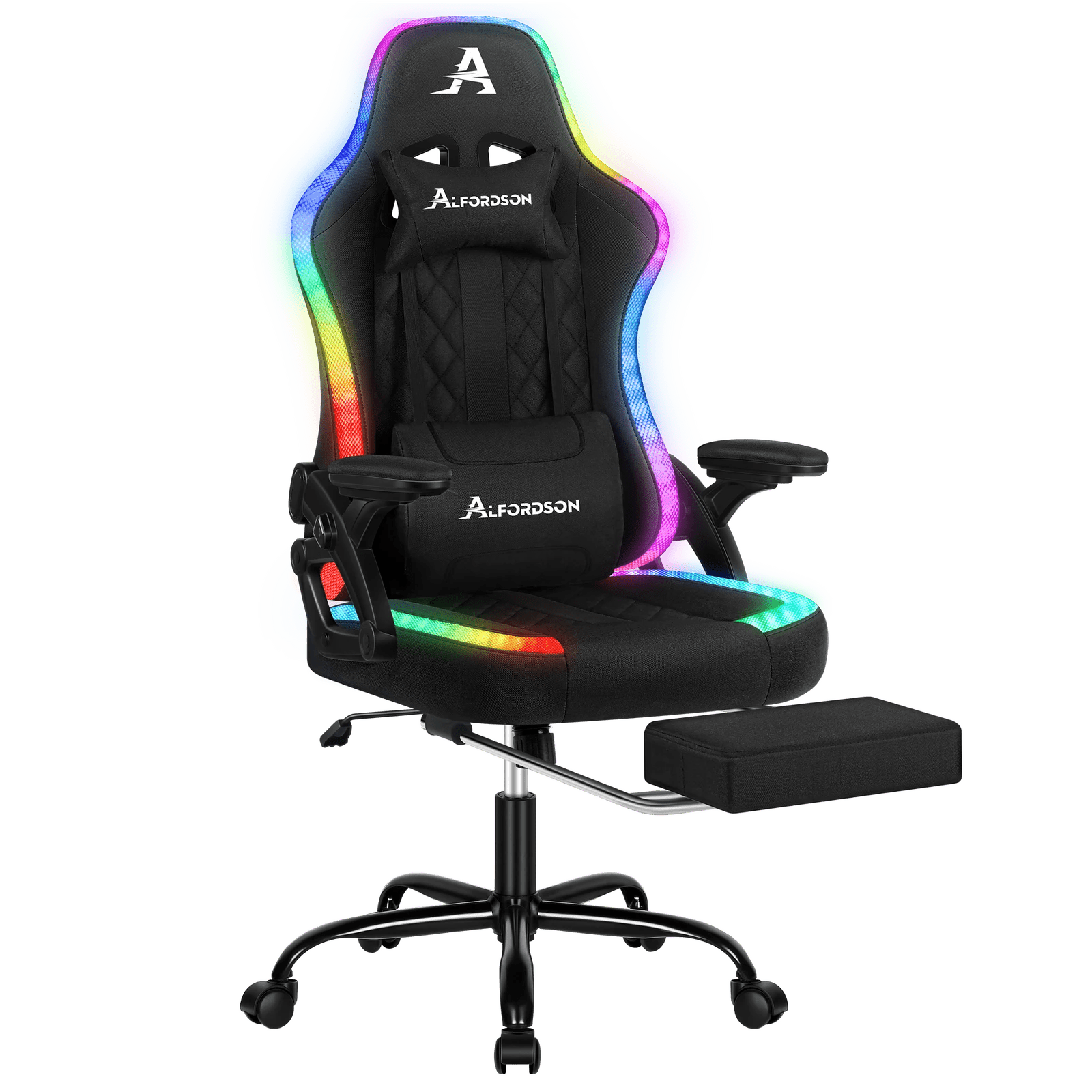 1 Alfordson Gaming Chair Office Massage 12 RGB LED Computer Fabric - Black, 1 of 10