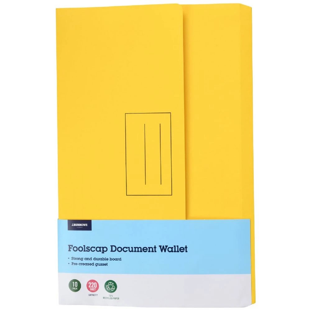 1 J.Burrows Foolscap Document Wallet Yellow 10 Pack, 1 of 4