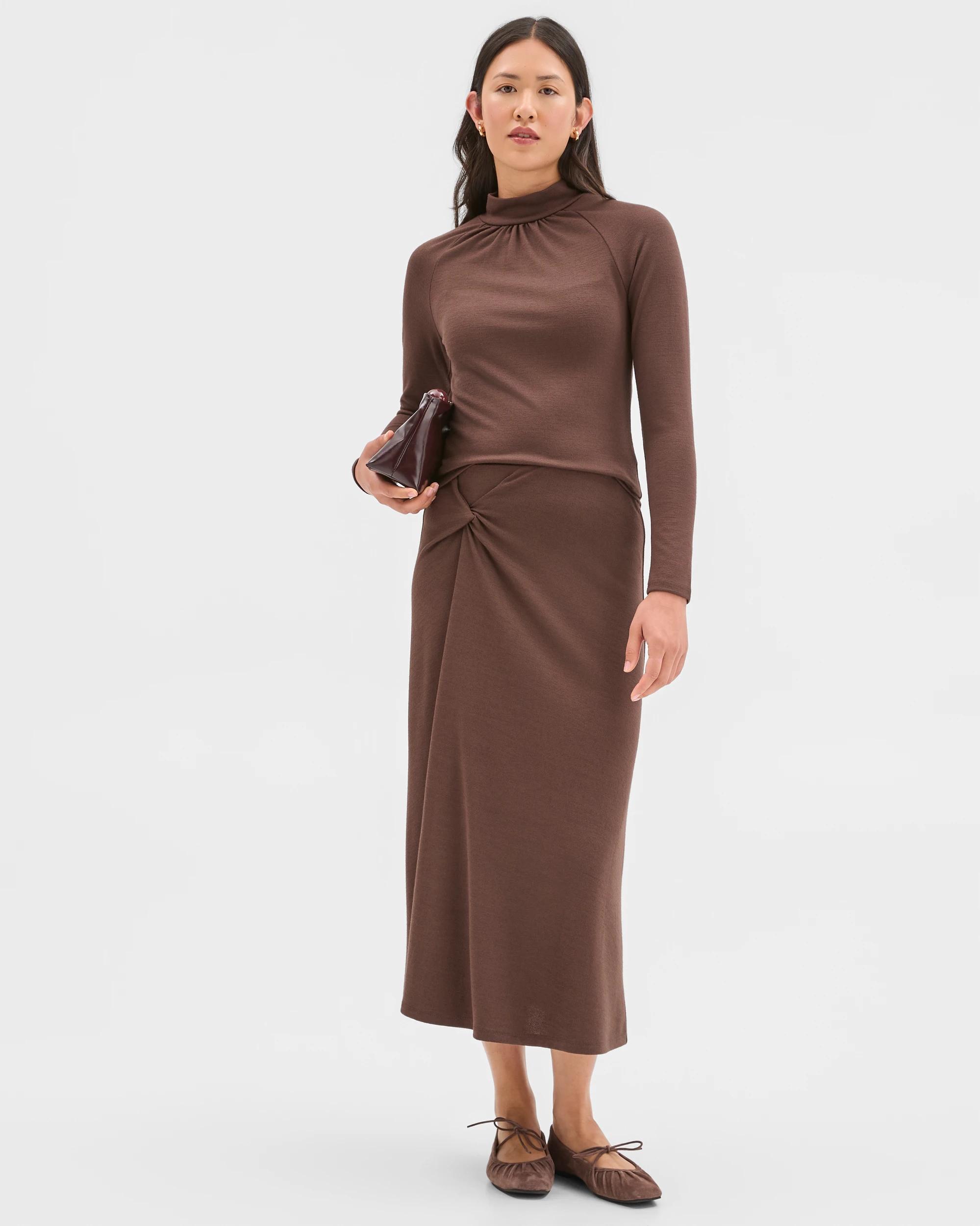 1 Preview Drape Knit Midi Length Skirt GANACHE, 1 of 6