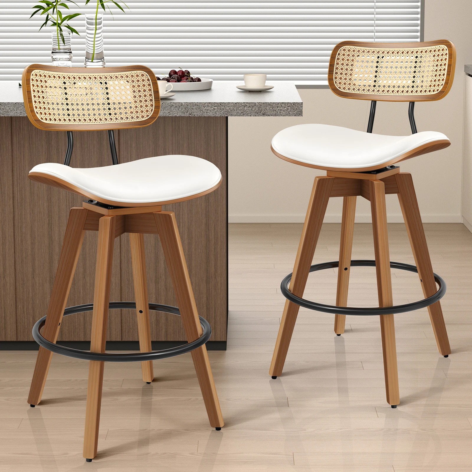 8 Alfordson 2x Bar Stools Kitchen Vintage Leather Seat Rattan Chair - White, 8 of 9