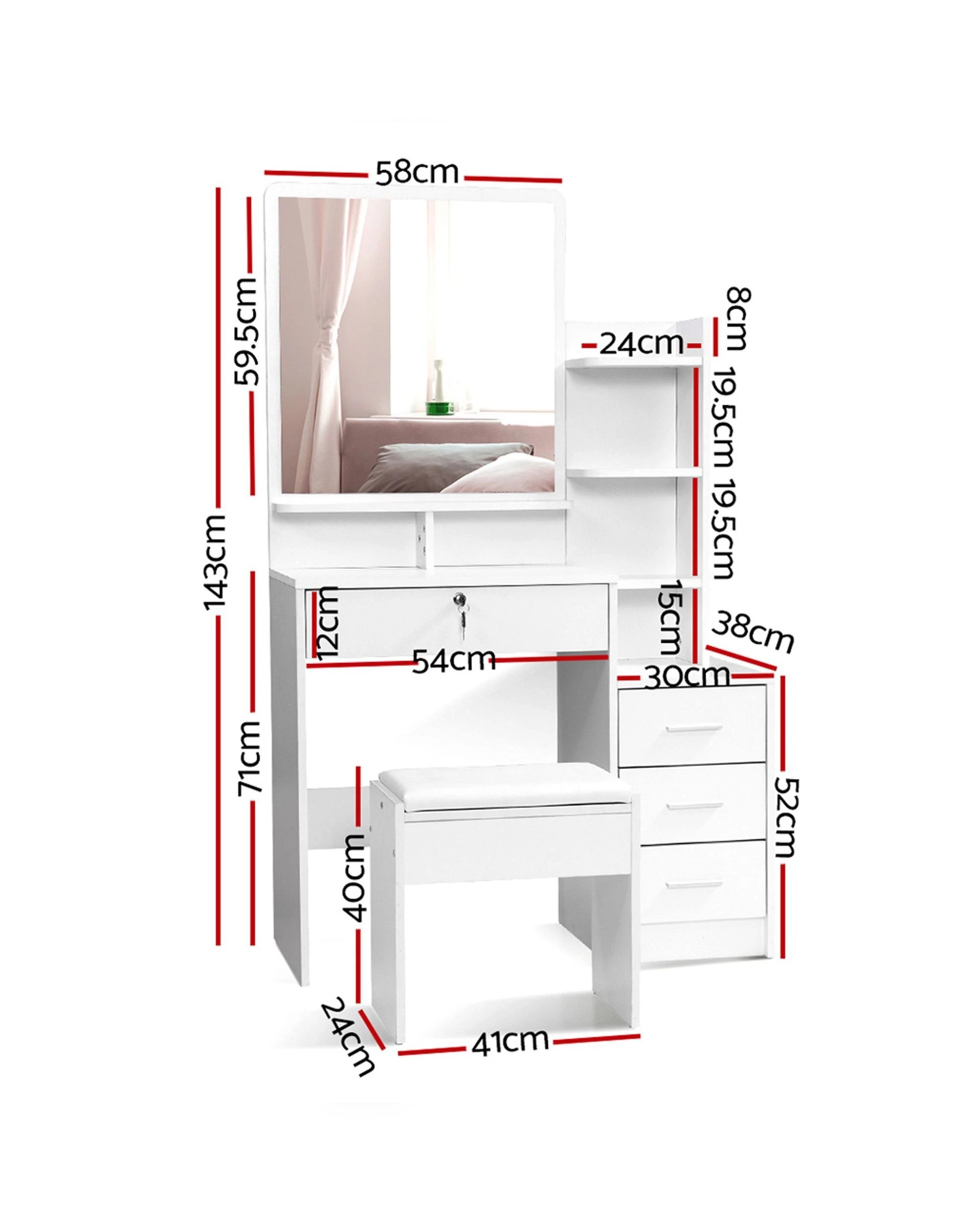 2 Artiss Dressing Table Stool Set 4 Drawers
 - White, 2 of 8