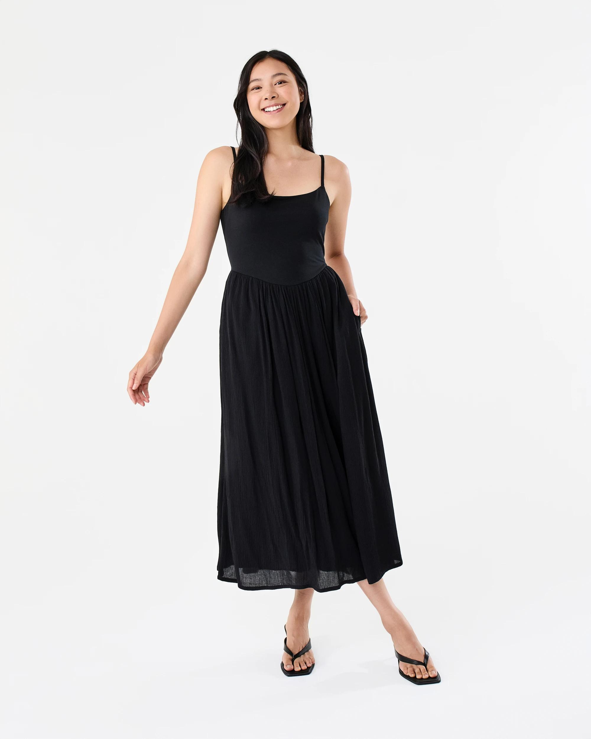 1 Sleeveless Knit Woven Midi Dress Black, 1 of 8