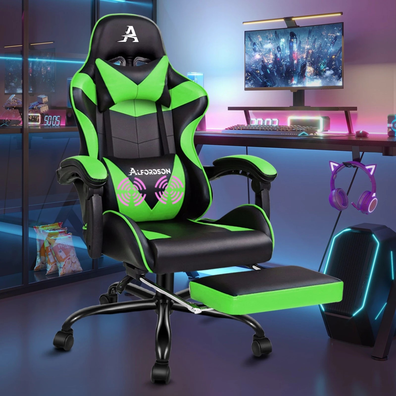 2 Alfordson Gaming Chair Office Executive Racing Footrest Seat PU Leather - Green, 2 of 10