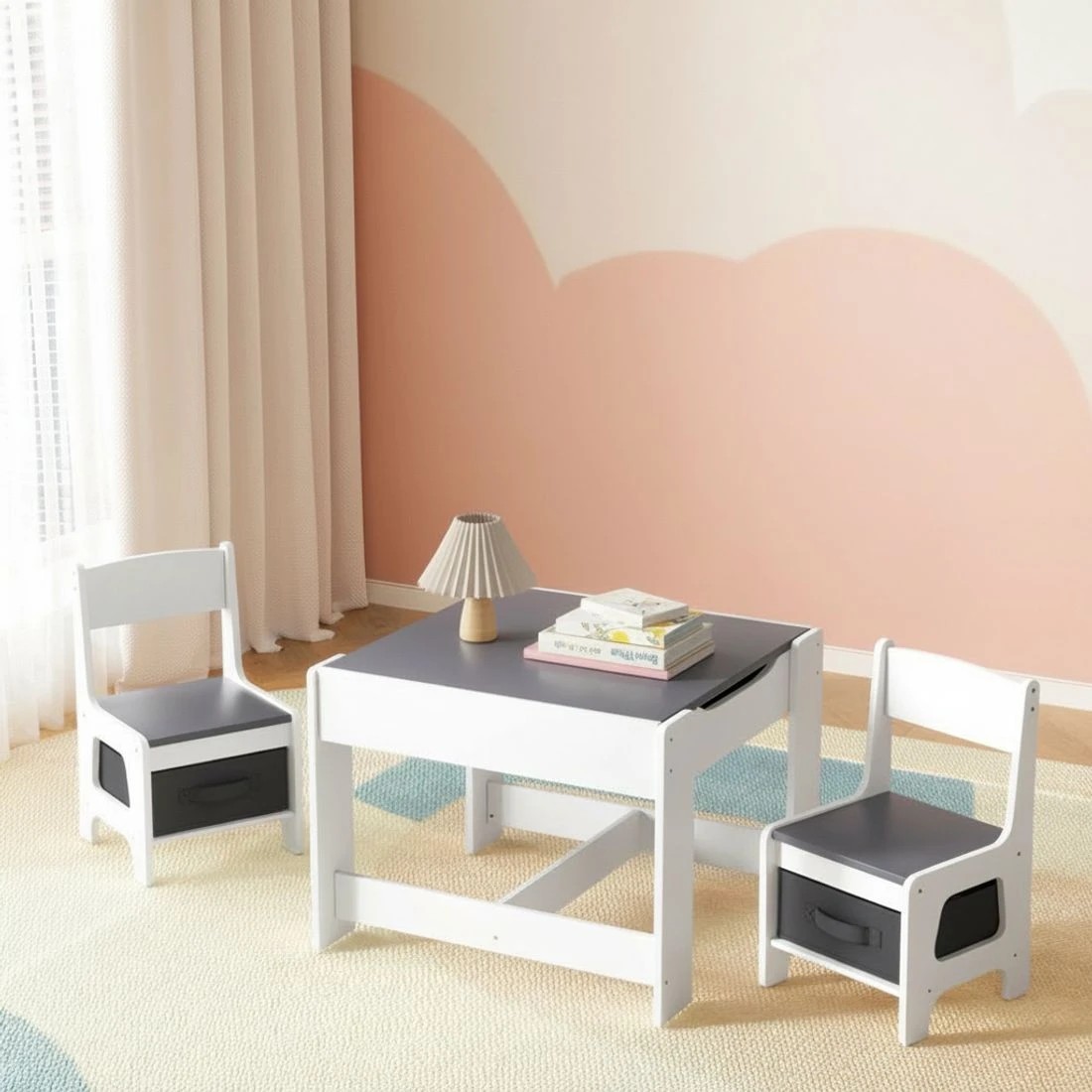 3 Keezi Kids Table and Chairs Set Play Activity Toys Storage Chalkboard Desk - Multi, 3 of 5