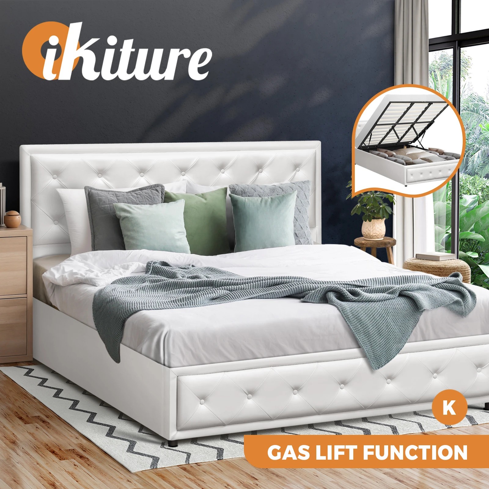 2 Oikiture King Bed Frame Gas Lift Base With Storage Enzo
 - White, 2 of 10