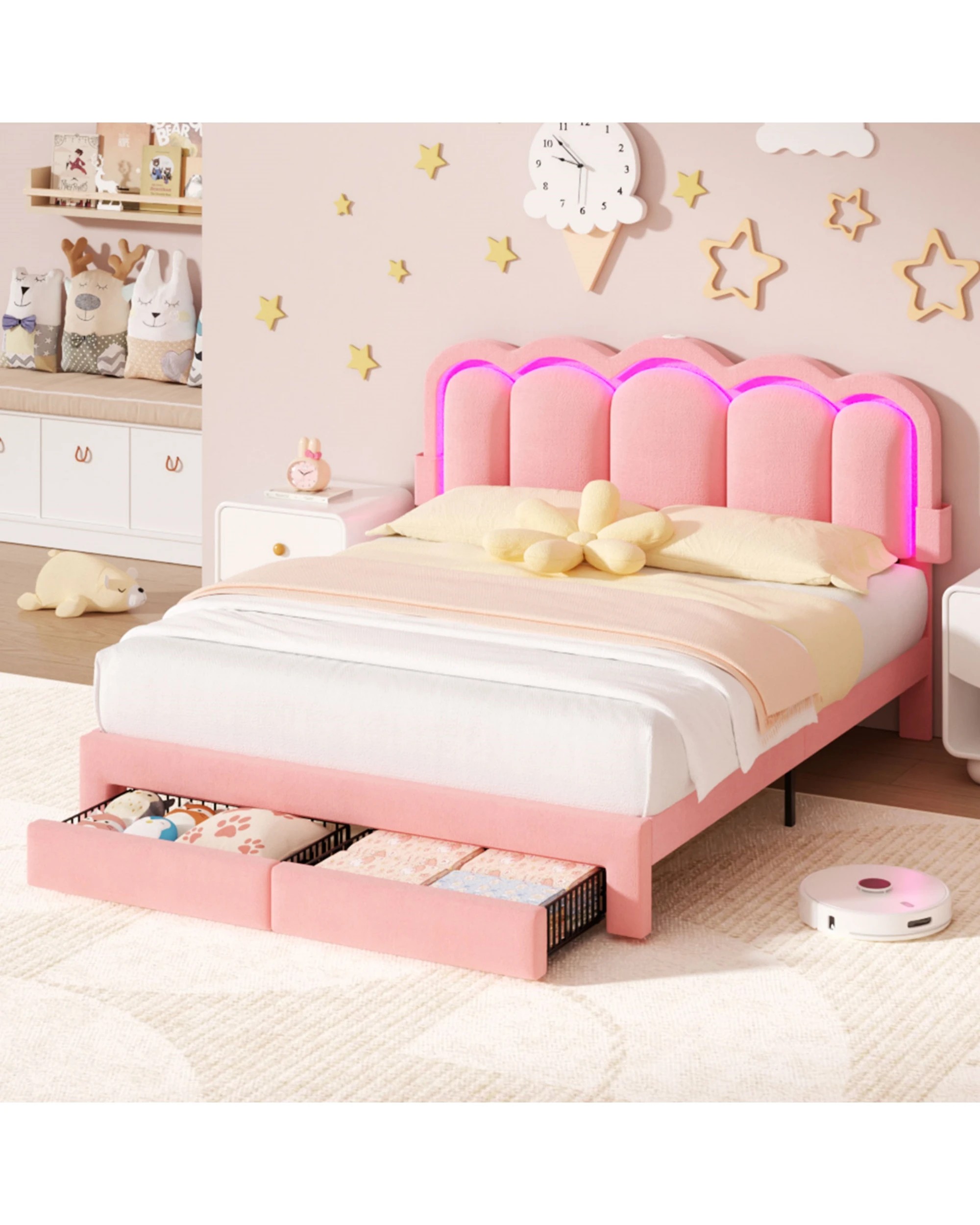8 Advwin LED Bed Frame with Adjustable Headboard and 2 Storage Drawers USB Velvet Double - Pink, 8 of 8